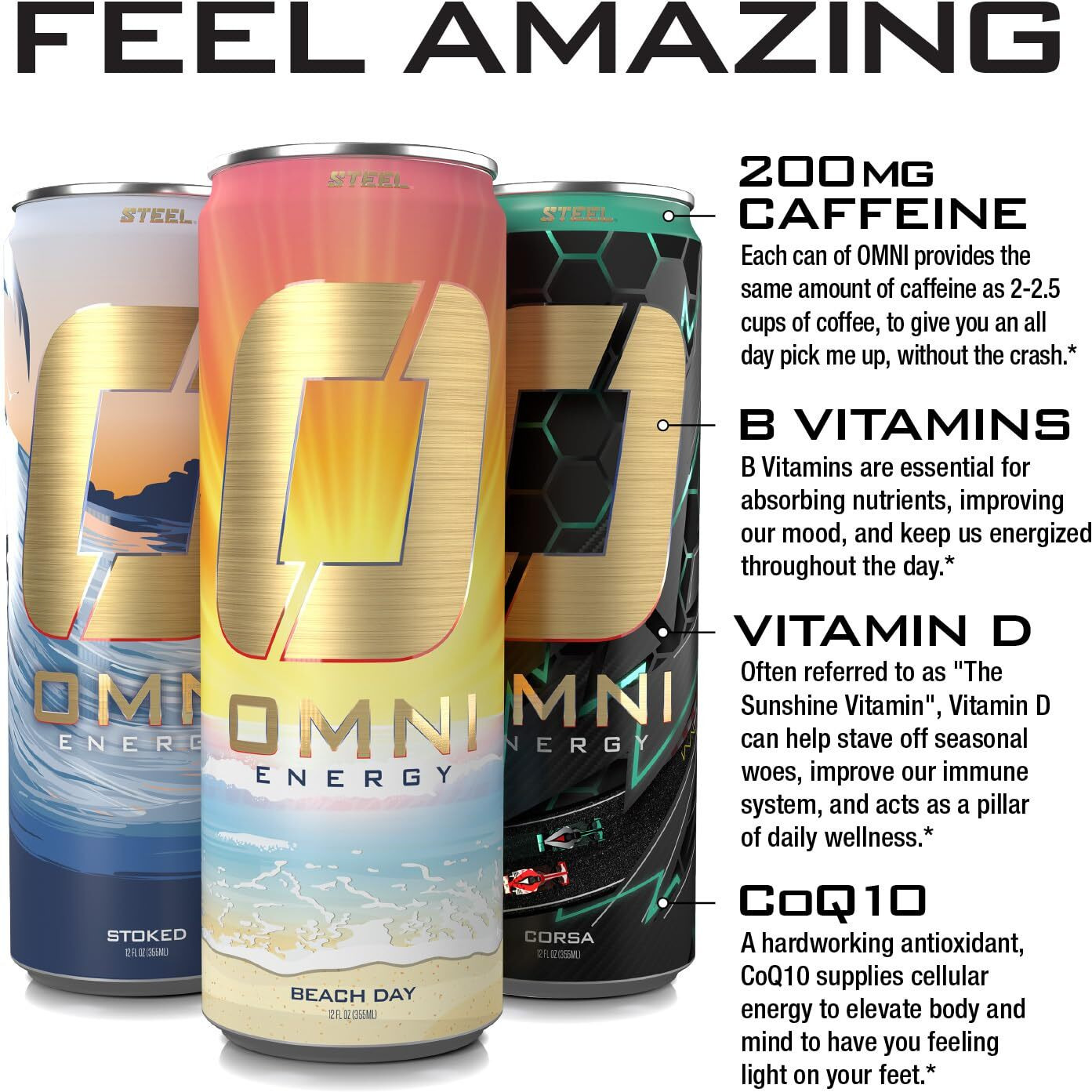 Omni Energy Drink Variety 12 Oz (Pack Of 12) | Contains 200Mg Natural Caffeine, B Vitamins, Coq10, Ginger Root Extract | Sugar-Free, Low Calorie, Energy Drink For All-Day Vitality