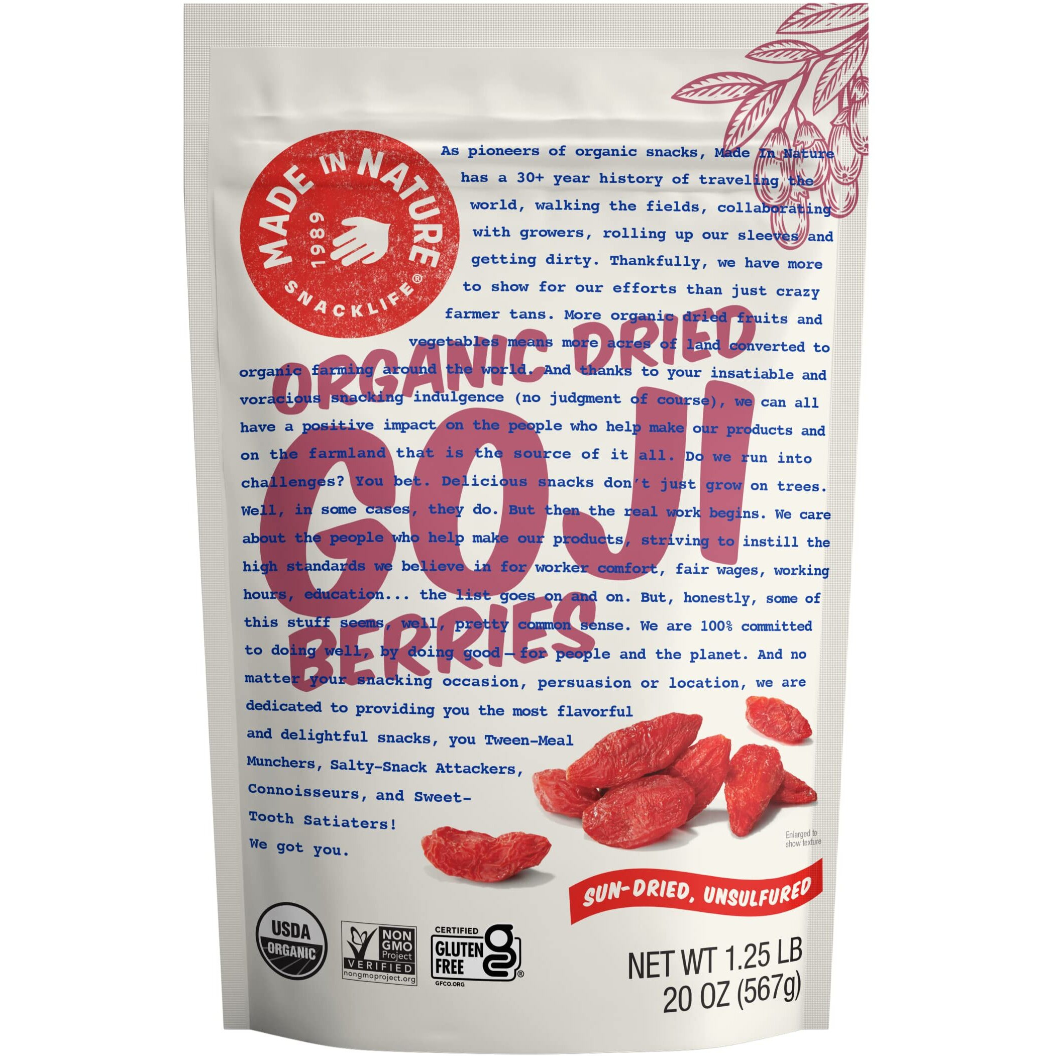 Made In Nature | Organic Sun Dried Goji Berries | Non-Gmo, Unsulfured Vegan Snack | 20Oz Bag (Pack Of 1)