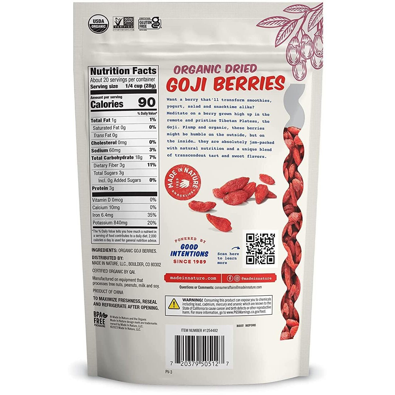 Made In Nature | Organic Sun Dried Goji Berries | Non-Gmo, Unsulfured Vegan Snack | 20Oz Bag (Pack Of 1)