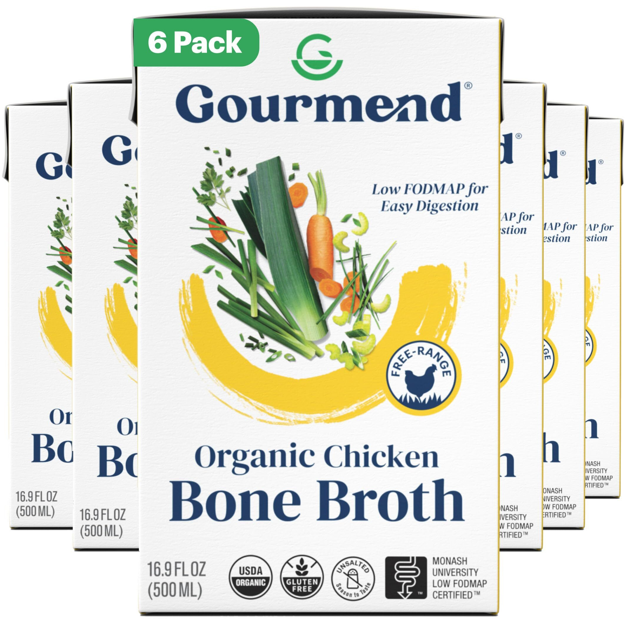 Organic Unsalted 16.9Oz Chicken Bone Broth (6 Pack) - 7 Ingredients, Low Fodmap Certified, Filler Free, Gluten Free, Onion & Garlic Bulb Free