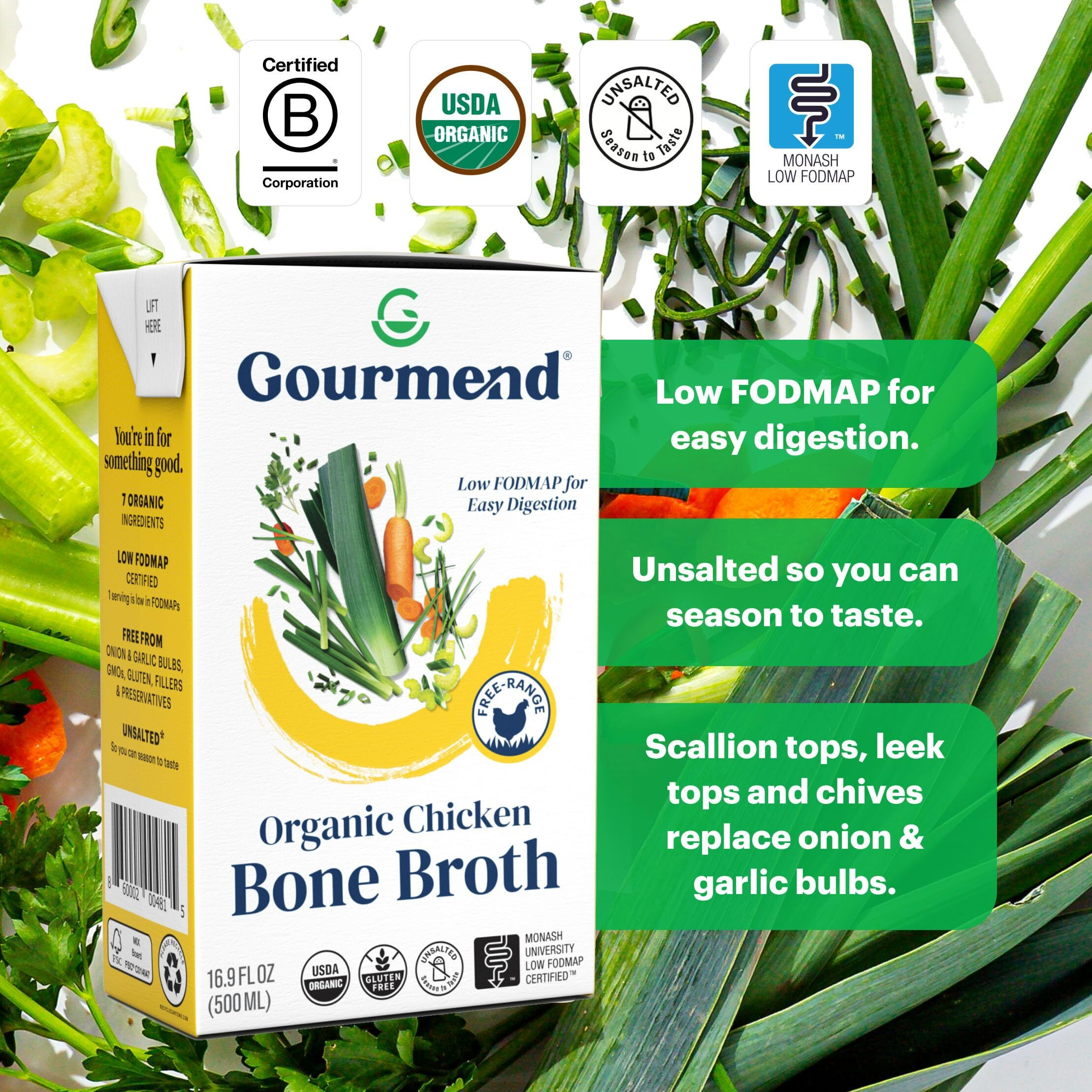 Organic Unsalted 16.9Oz Chicken Bone Broth (6 Pack) - 7 Ingredients, Low Fodmap Certified, Filler Free, Gluten Free, Onion & Garlic Bulb Free