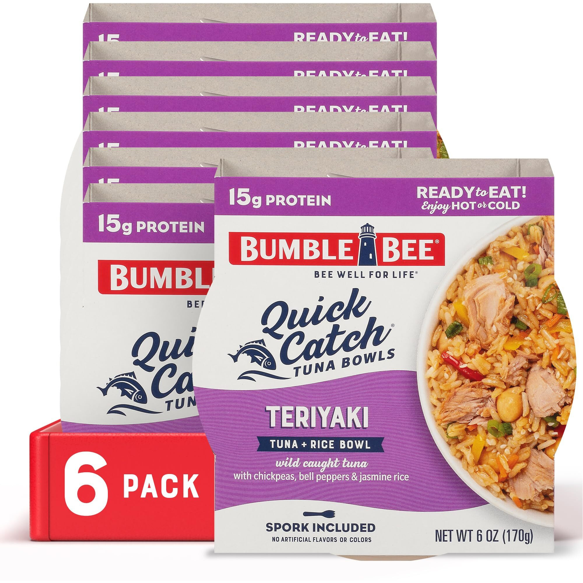Bumble Bee Quick Catch Teriyaki Tuna & Rice Bowl, 6 Oz (Pack Of 6) - Ready To Eat, Spork Included - 15G Protein Per Serving - No Artificial Flavors - Good Source Of Fiber