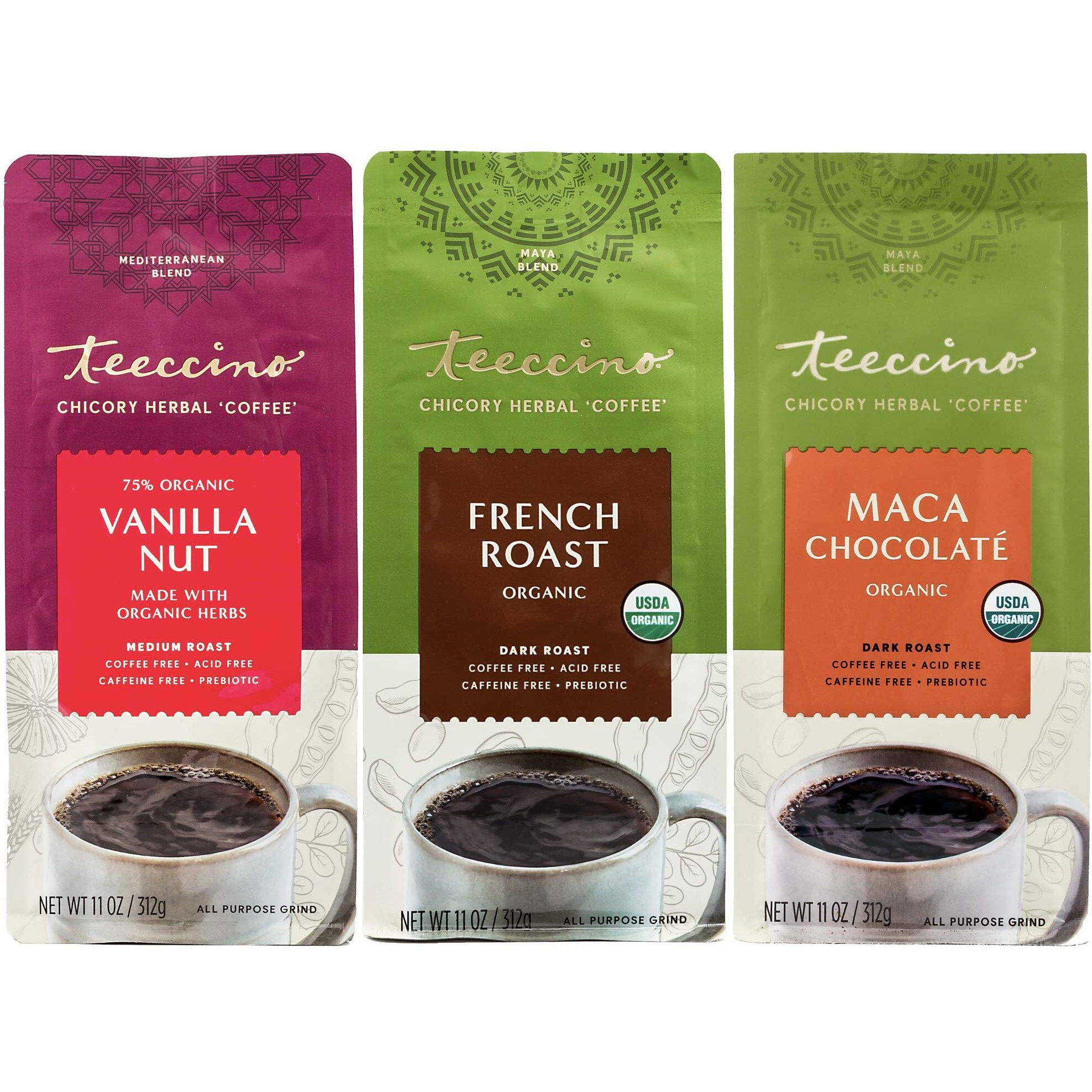 Teeccino Herbal Coffee Variety Pack - Vanilla Nut, French Roast, Maca Chocolat   - Ground Herbal Coffee Thats Prebiotic, Caffeine-Free & Acid Free, Dark Roast, 11 Ounce (Pack Of 3)