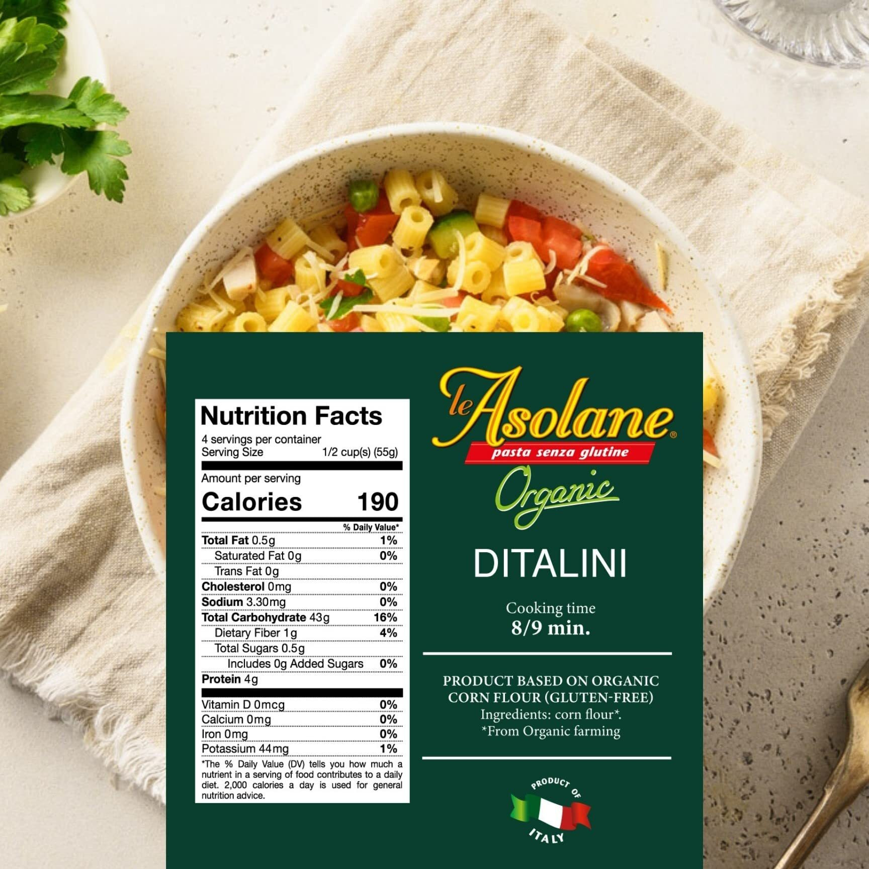 Le Asolane Certified Organic Gluten Free Ditalini Pasta | 2 Pack | Authentic Imported Italian Gourmet Pasta From Select Premium Grade Corn Flour | 8.8 Oz Packages