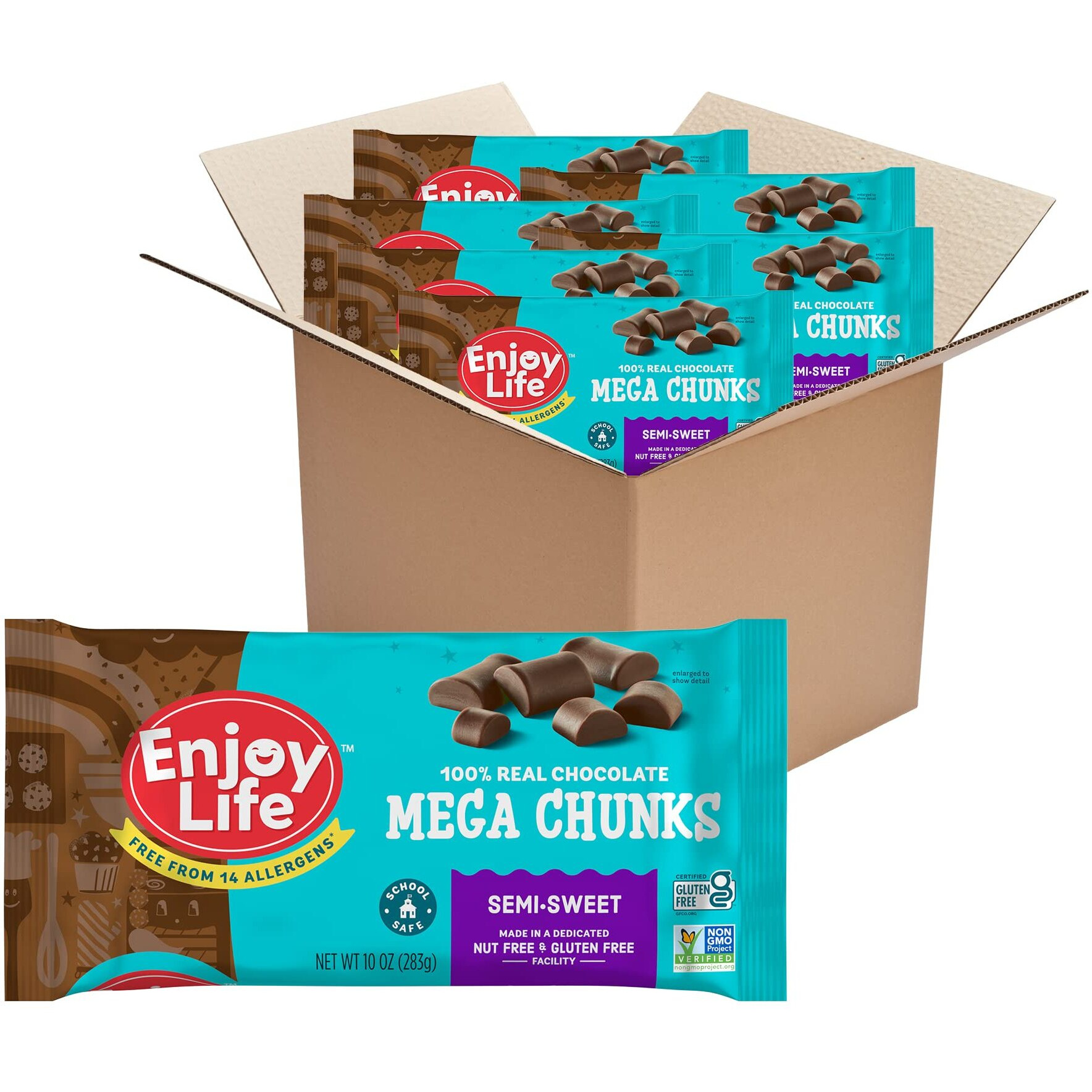 Enjoy Life Semi-Sweet Mega Chunks, Baking Chocolate Chips Bundle, Vegan, Dairy Free, Gluten Free, Nut Free, Kosher, Soy Free Allergy Friendly, 6 Bags (10 Oz Each)
