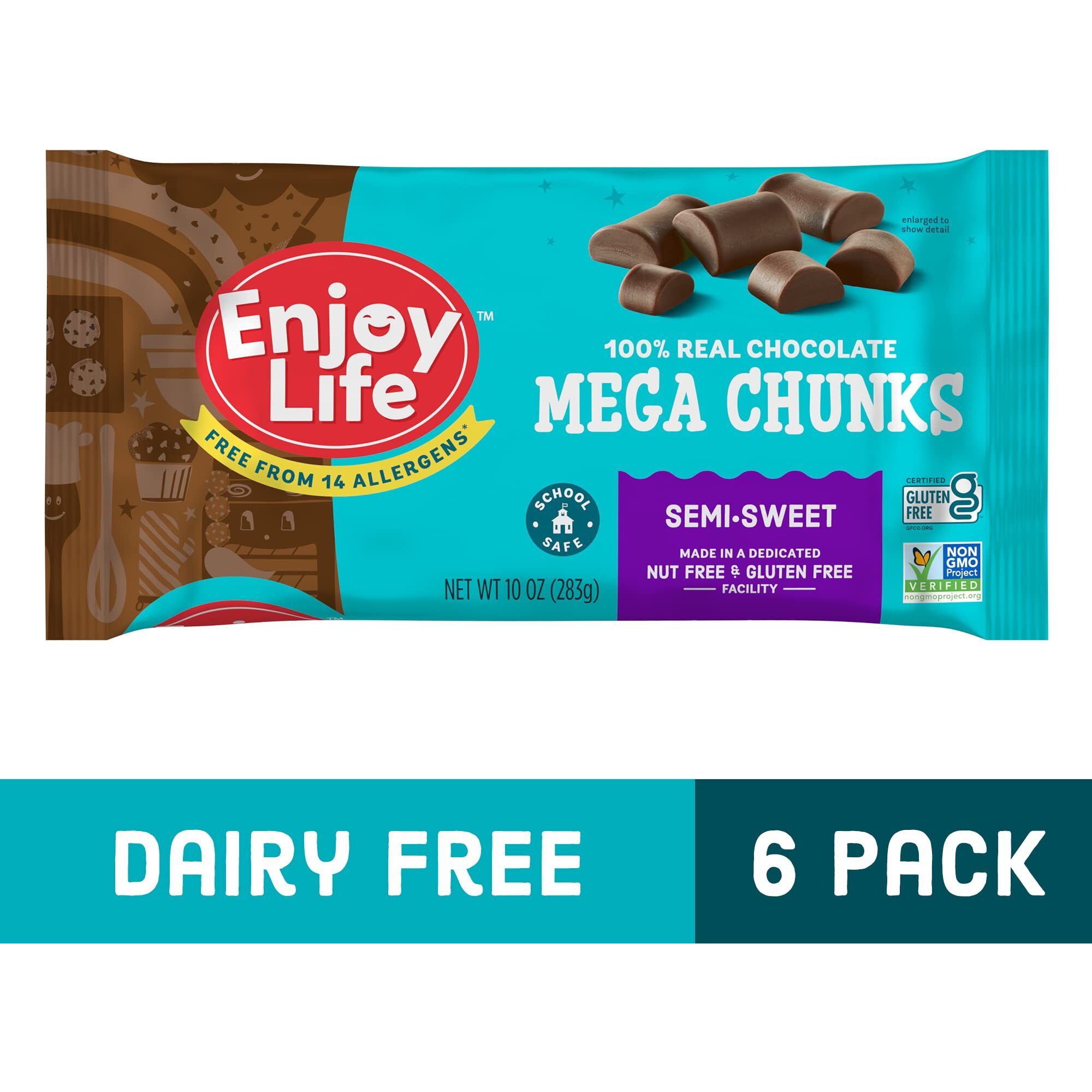 Enjoy Life Semi-Sweet Mega Chunks, Baking Chocolate Chips Bundle, Vegan, Dairy Free, Gluten Free, Nut Free, Kosher, Soy Free Allergy Friendly, 6 Bags (10 Oz Each)