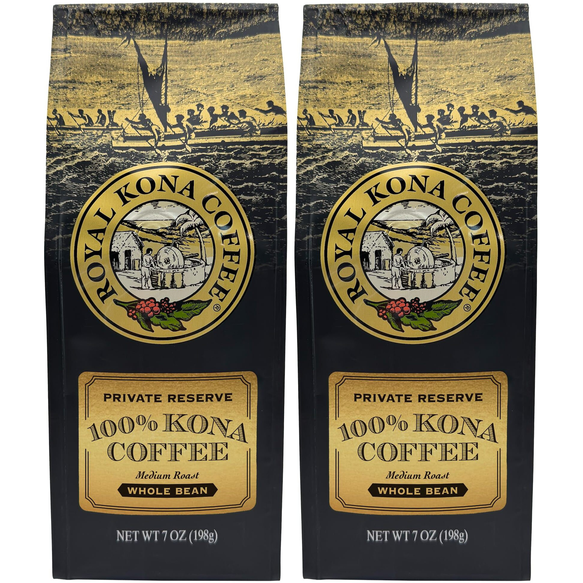 Royal Kona 2-Pack 100% Hawaiian Kona Coffee, Private Reserve Medium Roast, Whole Bean - 7 Ounce Bags (Pack Of Two)