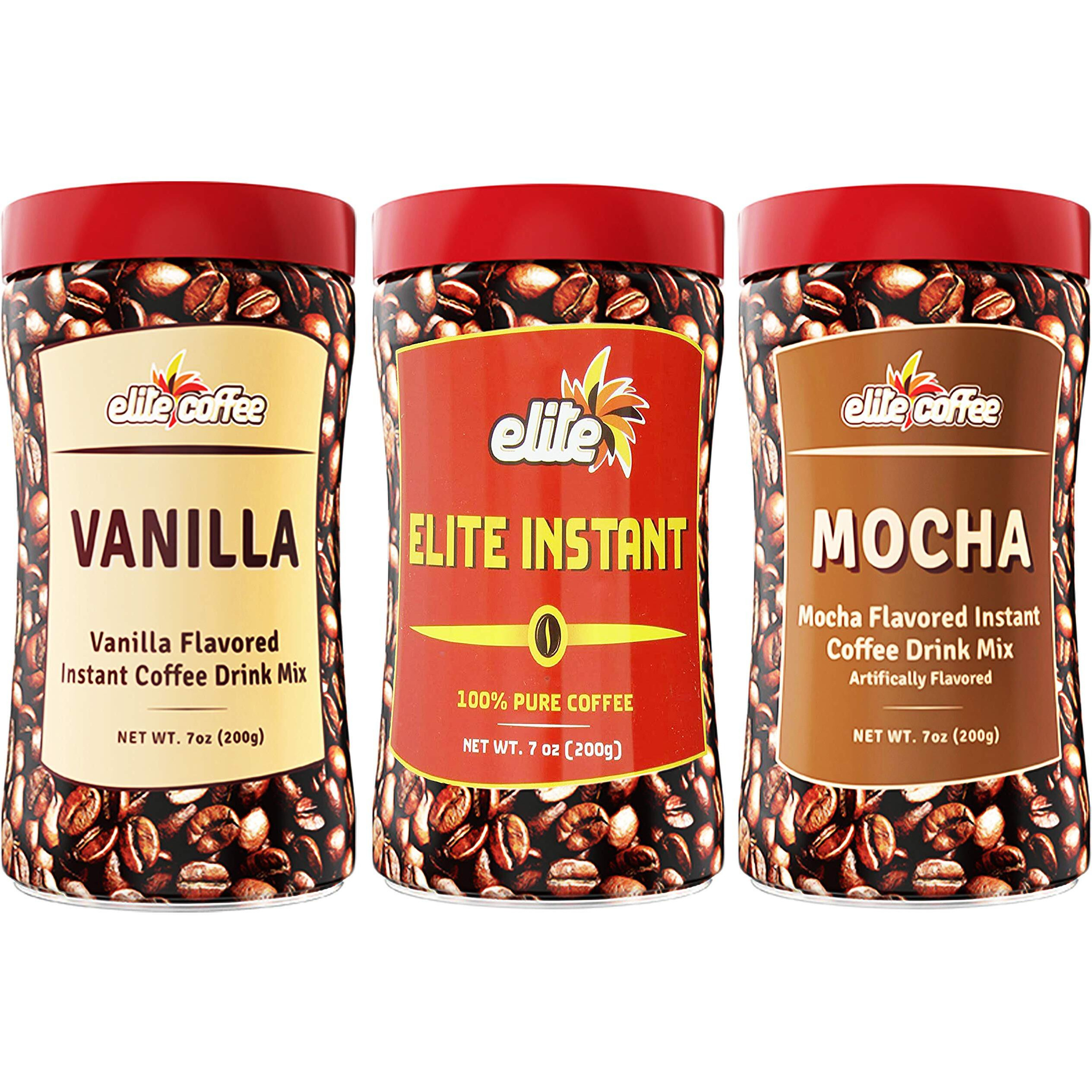 Elite Instant Coffee (Variety Pack, 3 Bottles) Original, Vanilla & Mocha Flavored Coffee, Delicious Flavors, Product Of Israel