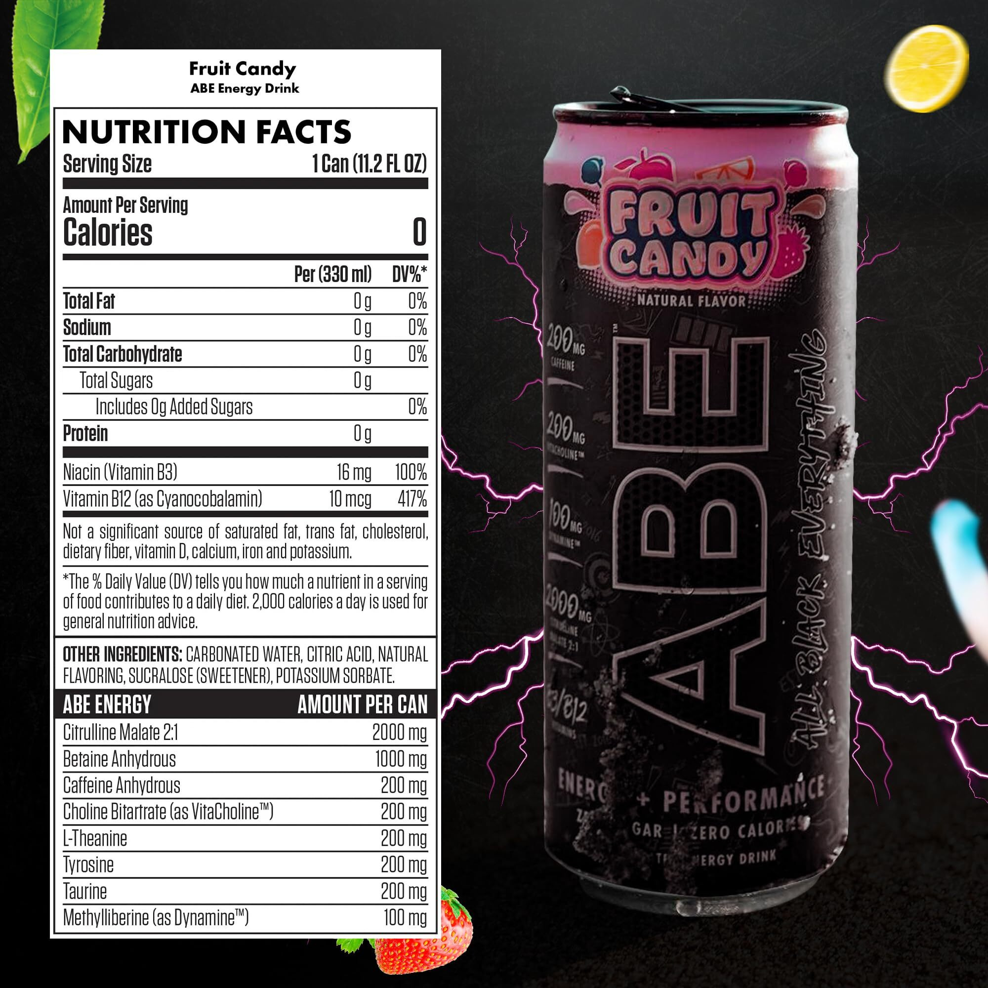 All Black Everything Sugar Free Energy Drink | Fruit Candy | 0 Calories | 12 Pack | 200Mg Natural Caffeine | Pre-Workout Sport Drink For Men And Women