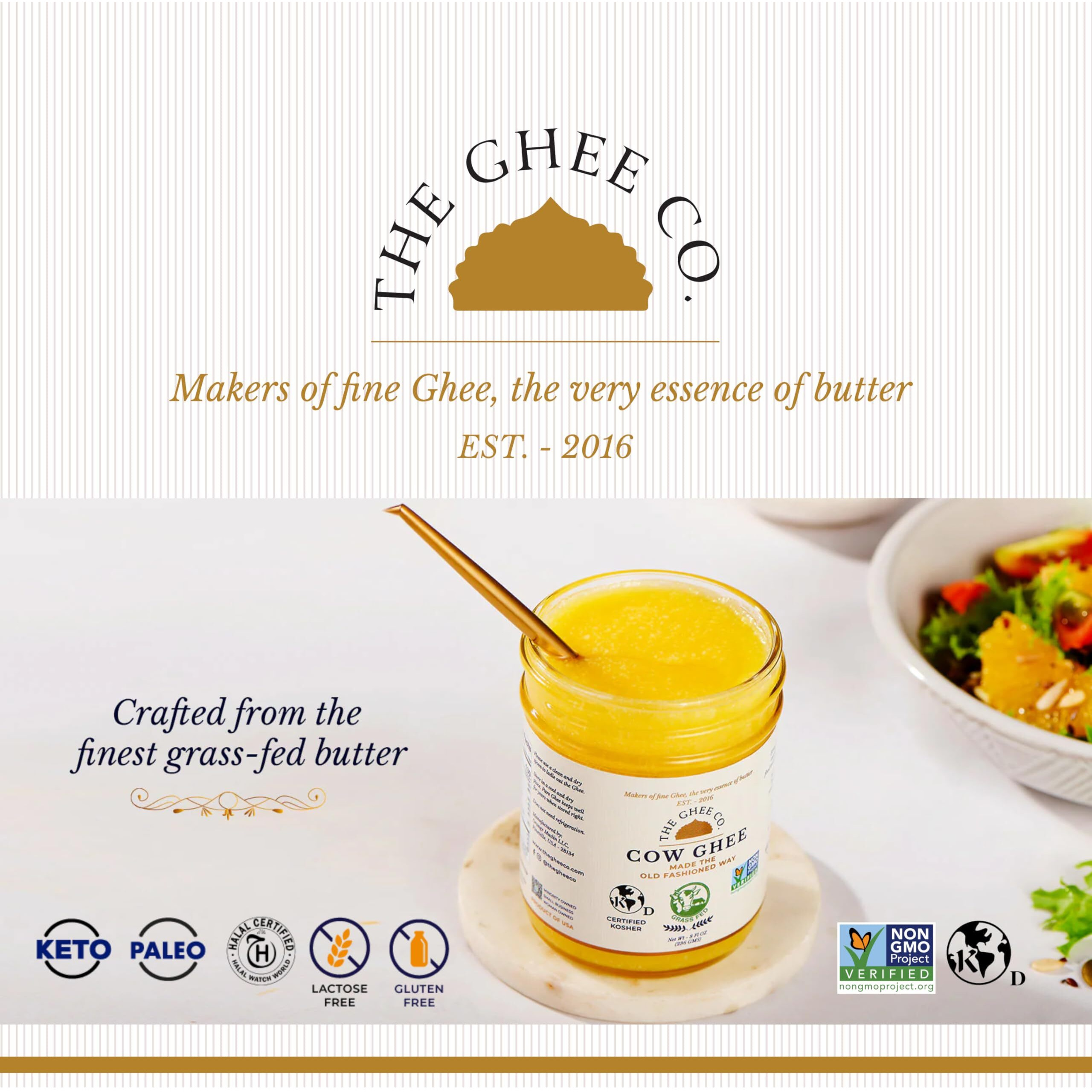 The Ghee Co, Grass Fed Ghee, 8 Oz, Non Gmo,Kosher And Halal, Paleo & Keto Friendly, Lactose & Casein Free, Made Homestyle, Glass Jar