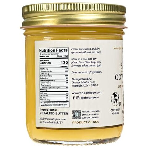 The Ghee Co, Grass Fed Ghee, 8 Oz, Non Gmo,Kosher And Halal, Paleo & Keto Friendly, Lactose & Casein Free, Made Homestyle, Glass Jar