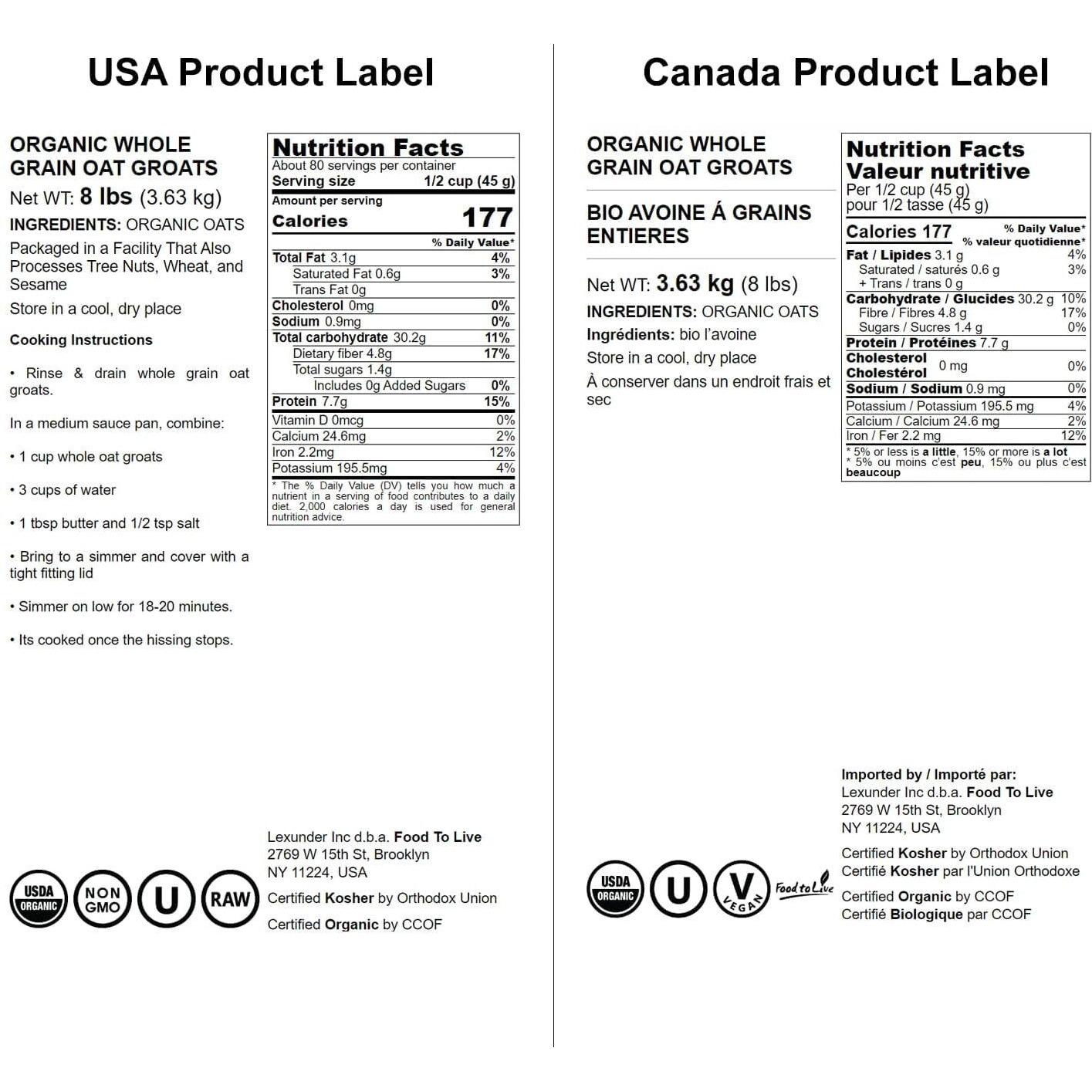 Food To Live Organic Oat Groats, 8 Pounds - Whole Grain, Non-Gmo Seeds, Kosher, Raw, Non-Irradiated, Vegan, Bulk, Low Glycemic, Rich In Protein, Fiber, Copper And Manganese