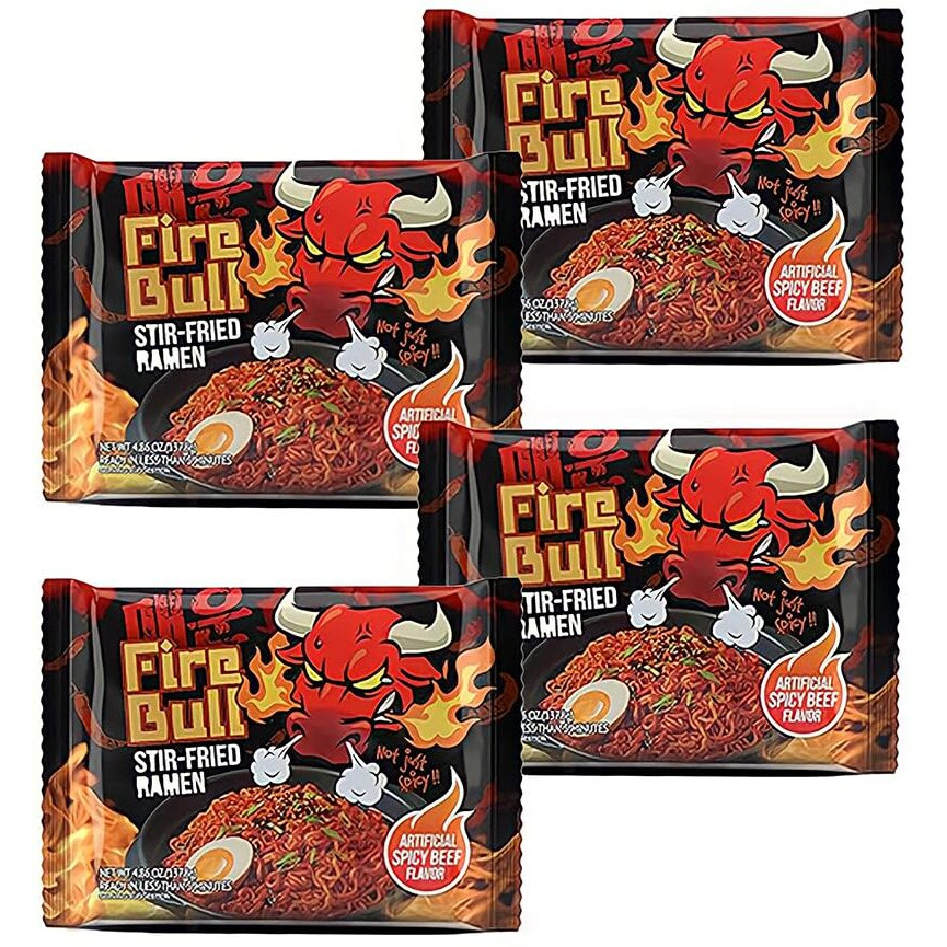 [Fire Bull Ramen] Intense Spicy Stir-Fried Ramen | Authentic Korean Heat Meets Flavorful Delight | Thick, Chewy Noodles | Quick & Easy Meal (4 Pouches)