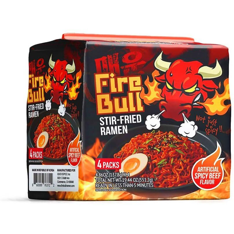 [Fire Bull Ramen] Intense Spicy Stir-Fried Ramen | Authentic Korean Heat Meets Flavorful Delight | Thick, Chewy Noodles | Quick & Easy Meal (4 Pouches)