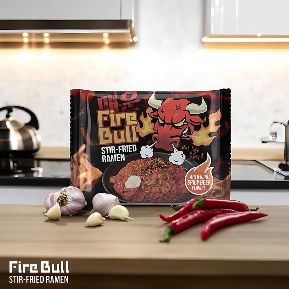 [Fire Bull Ramen] Intense Spicy Stir-Fried Ramen | Authentic Korean Heat Meets Flavorful Delight | Thick, Chewy Noodles | Quick & Easy Meal (4 Pouches)