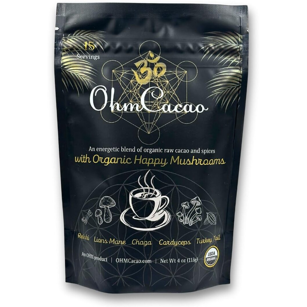 Ohm Cacao Mushroom Elixir W. Lion's Mane, Chaga, Reishi, Cordyceps, Turkey Tail | Cinnamon, Ginger, Turmeric | Organic Mushroom Nootropic Coffee Alternative | Brain + Energy + Immunity Blend | 4Oz