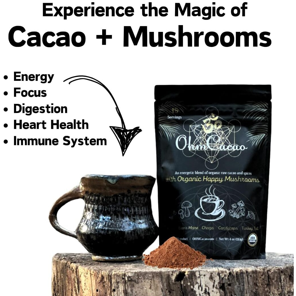Ohm Cacao Mushroom Elixir W. Lion's Mane, Chaga, Reishi, Cordyceps, Turkey Tail | Cinnamon, Ginger, Turmeric | Organic Mushroom Nootropic Coffee Alternative | Brain + Energy + Immunity Blend | 4Oz