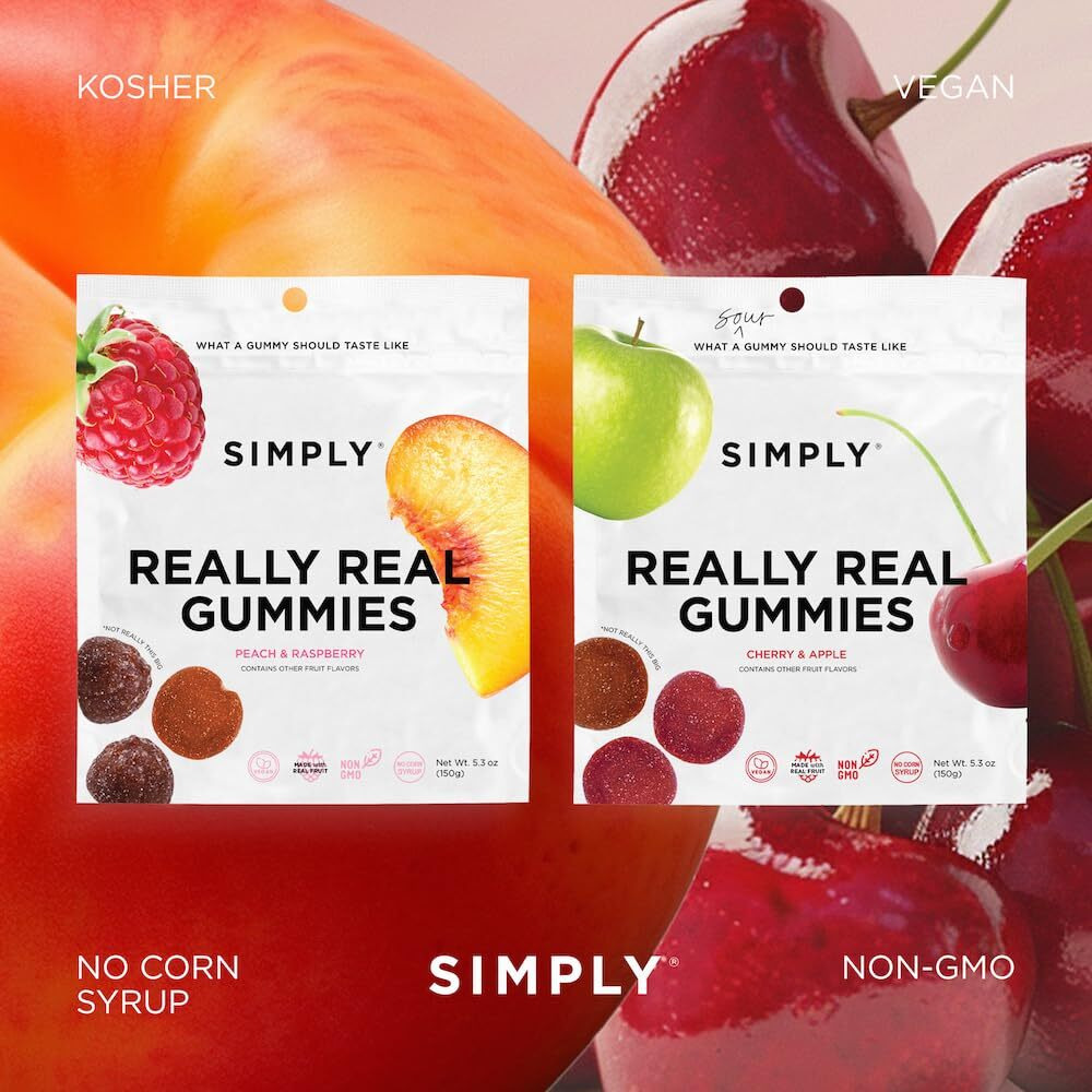 Simply Really Real Gummies | Made With Real Fruit | Assorted Bundle 2Pks Large | Peach & Raspberry And Cherry & Apple | 5.3 Oz (1 Pack Each Flavor) | No Cane Sugar + Gluten Free + Kosher