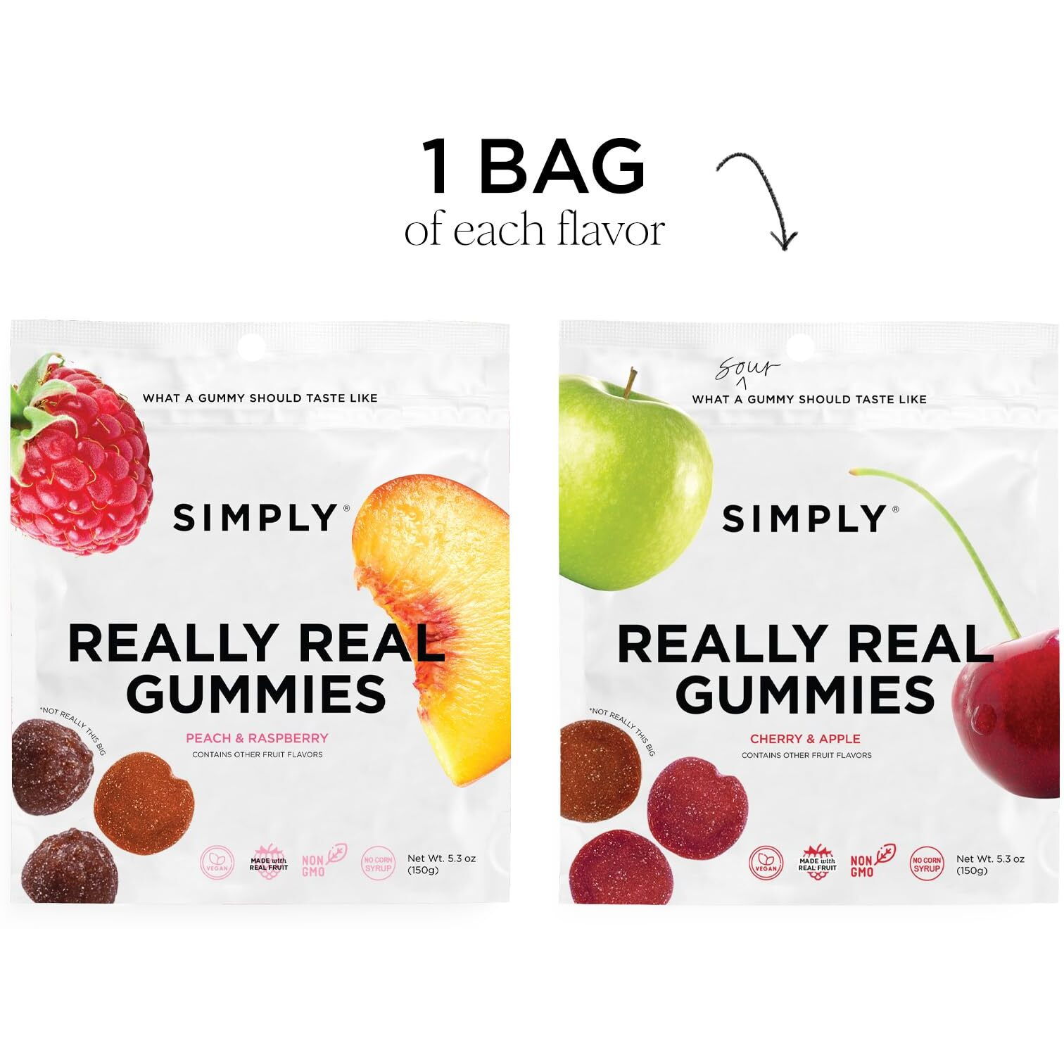 Simply Really Real Gummies | Made With Real Fruit | Assorted Bundle 2Pks Large | Peach & Raspberry And Cherry & Apple | 5.3 Oz (1 Pack Each Flavor) | No Cane Sugar + Gluten Free + Kosher