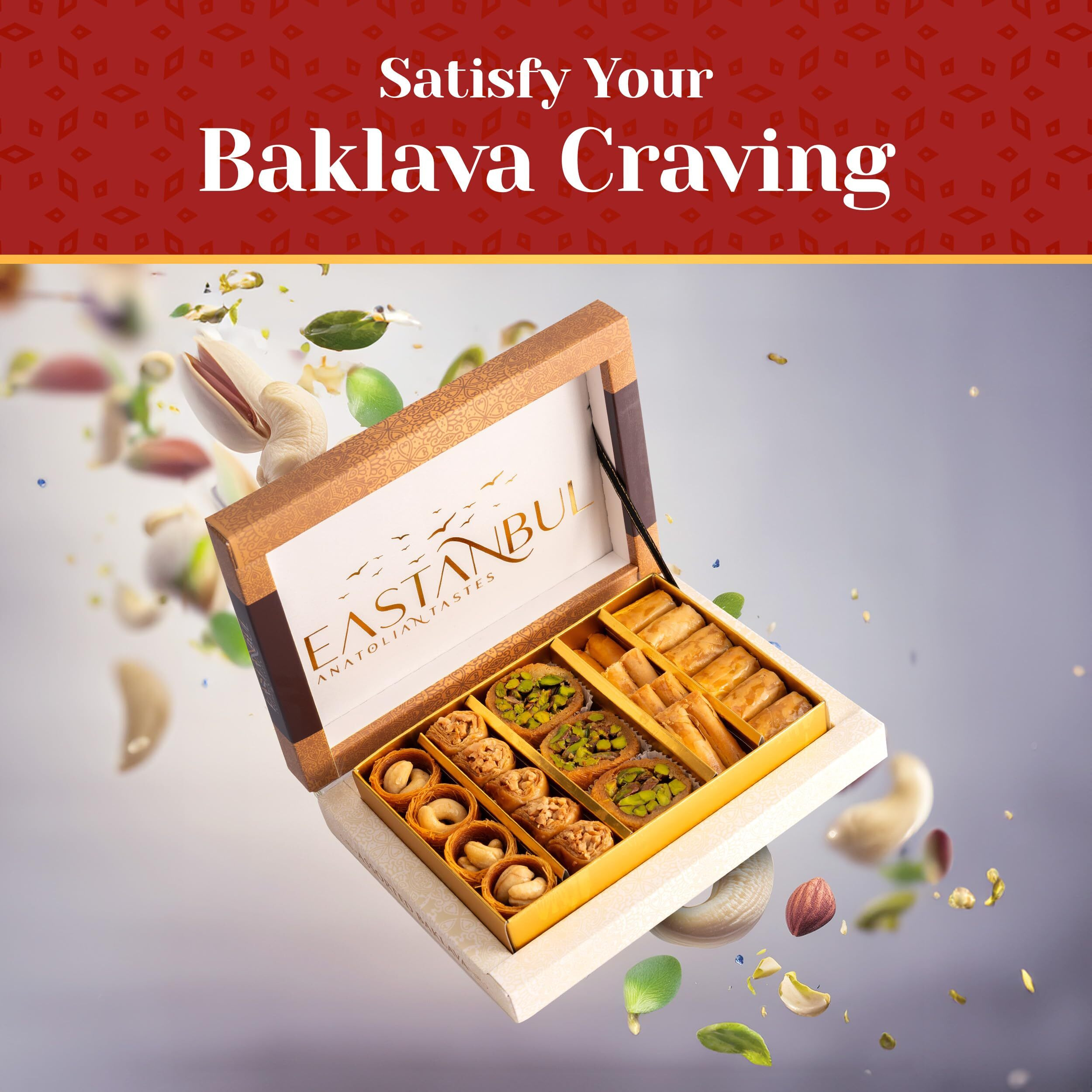 Eastanbul Baklava 8.8Oz, Baklava Gift Box, Baklava Pastry, Middle Eastern Sweets Gift Box, Premium Gourmet Desserts, Baklava Pistachio & Cashew Rich Arabic & Turkish Baklava