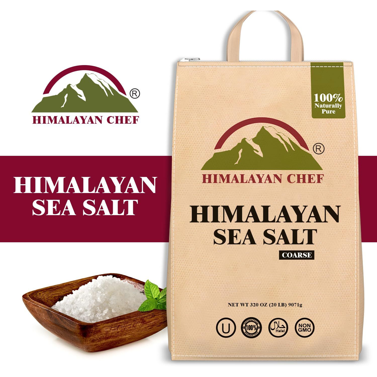 Himalayan Chef Sea Salt, Coarse Grain, 320 Ounces Resealable Bag, Pure & Natural Sun Dried Sea Salt, Unrefined, Gluten Free, Grinder Refill Sea Salt For Daily Cooking & Pickling Salt