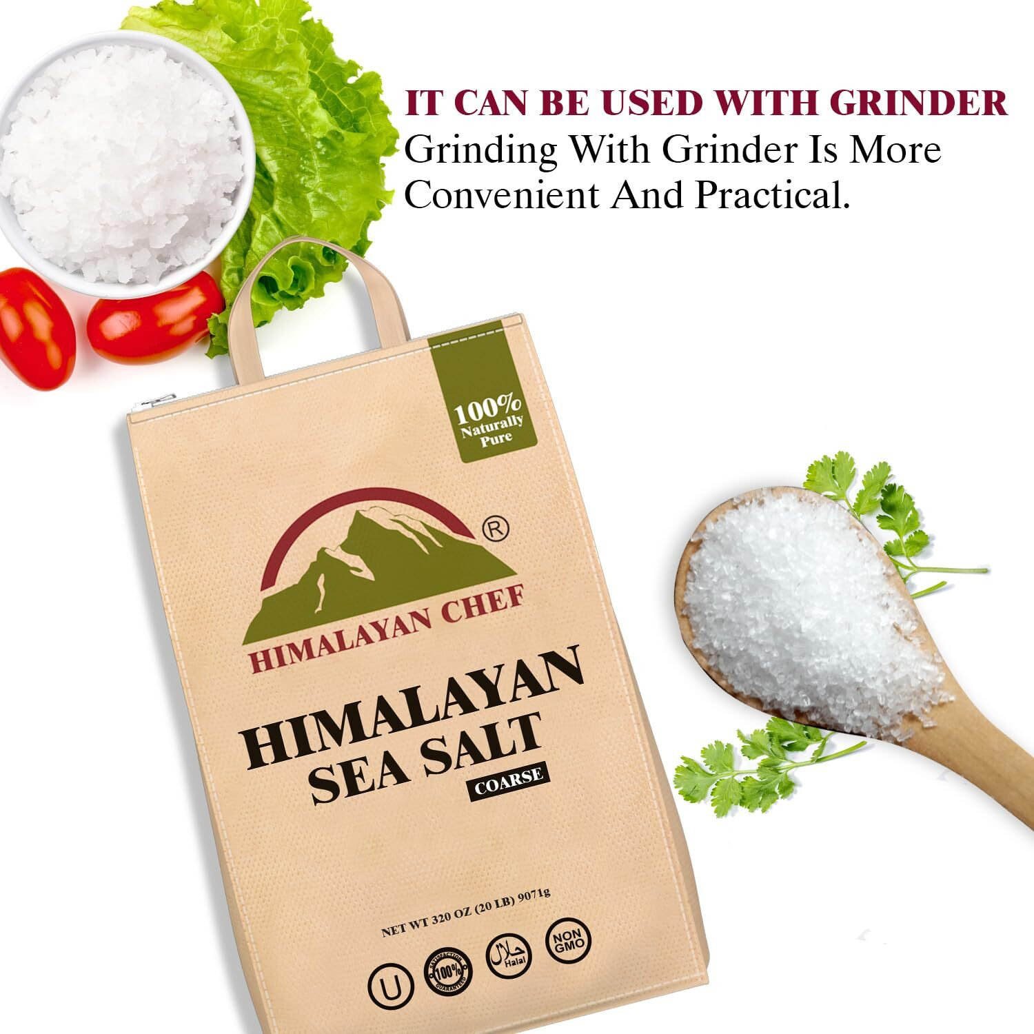 Himalayan Chef Sea Salt, Coarse Grain, 320 Ounces Resealable Bag, Pure & Natural Sun Dried Sea Salt, Unrefined, Gluten Free, Grinder Refill Sea Salt For Daily Cooking & Pickling Salt