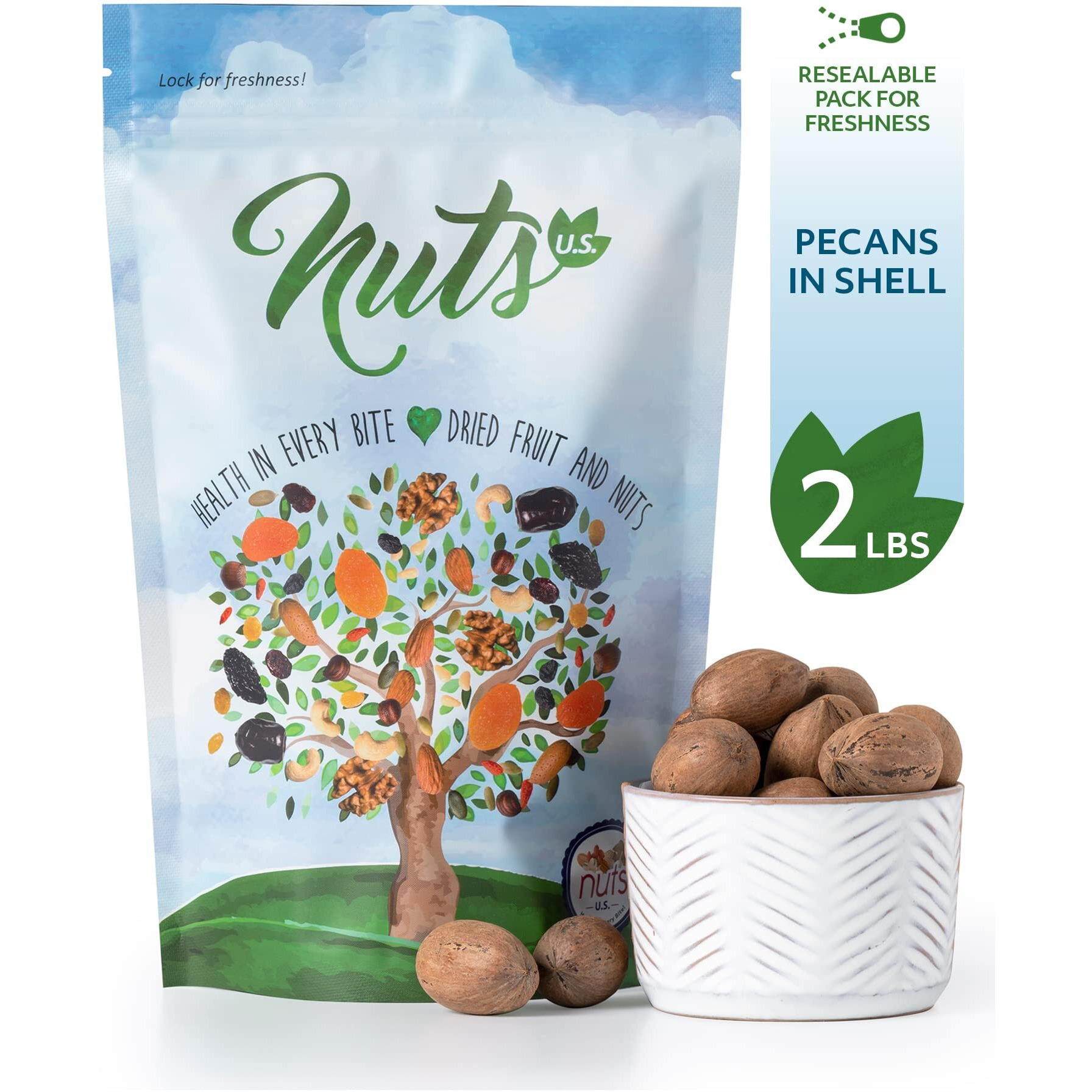 Nuts U.S. - Pecans In Shell | Whole, Raw And Unsalted | No Added Flavor Or Color | Fresh Buttery Taste And Easy To Crack | Natural Unshelled Pecans Packed In Resealable Bags (2 Lbs)