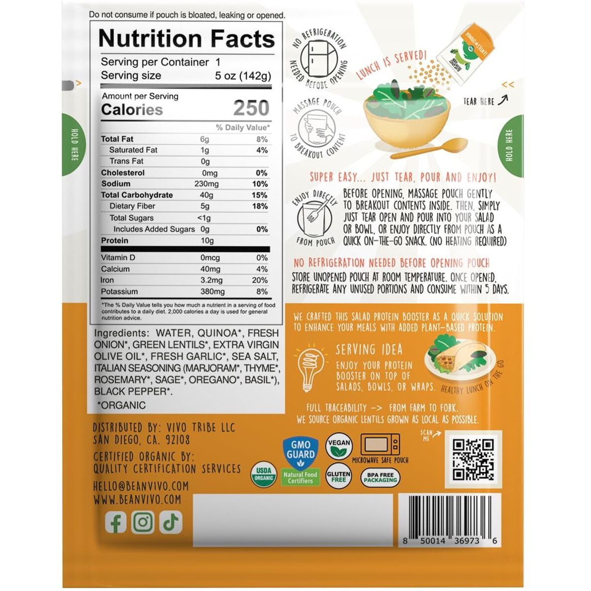 Beanvivo 3-Pack Salad Protein Booster - Organic Cooked Lentils & Quinoa With Garlic & Herbs, Delivering A Burst Of Taste And 10G Of Protein-Packed Goodness In Every Pouch 5Oz