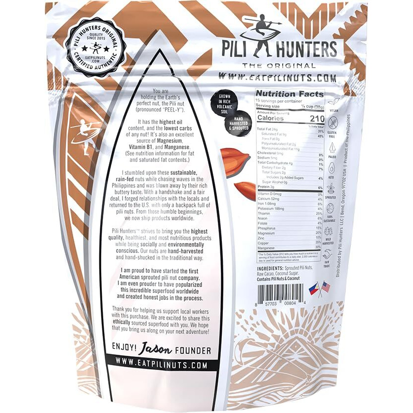 Pili Hunters Wild Sprouted Pili Nuts - Raw Cacao & Organic Coconut Sugar - Paleo & Vegan Keto Snack For Low Carb Energy - Gluten & Dairy Free Superfood - Non-Gmo - As Seen On Shark Tank - (16 Oz Bag)