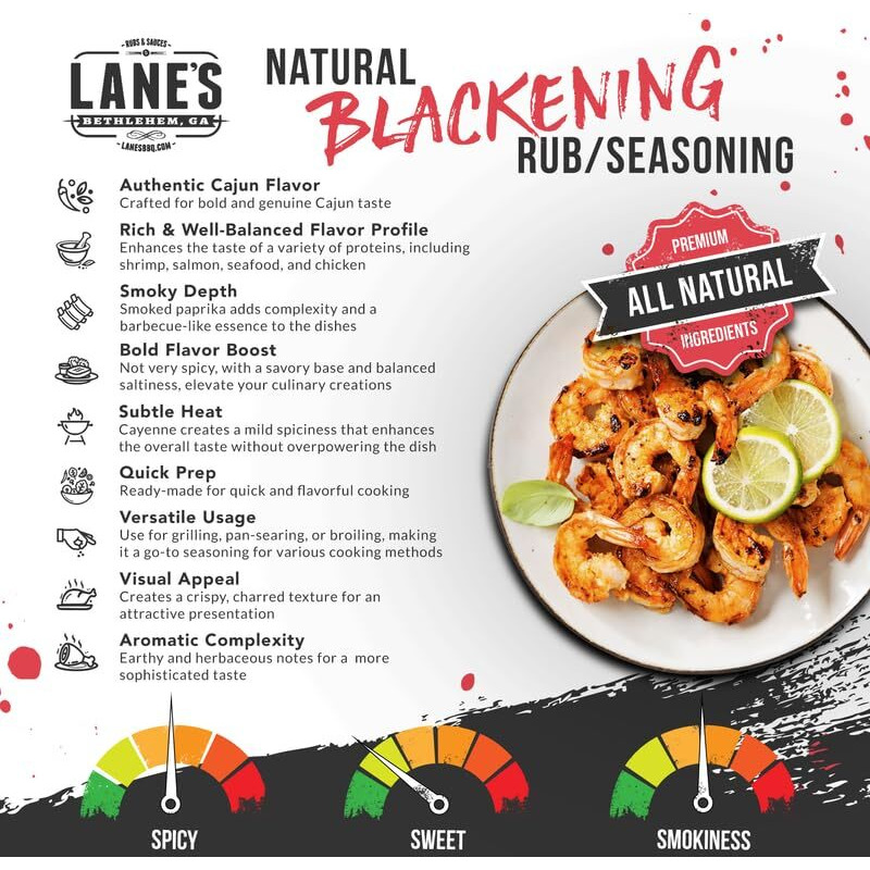 Lane's Blackening Seasoning For Fish, Handcrafted Blackened Fish Seasoning And Rubs For Chicken, Beef, Seafood & Steak, Cajun Blackening Seasoning Flavor, Gluten-Free, No-Msg, Made In The Usa, 10.2 Oz