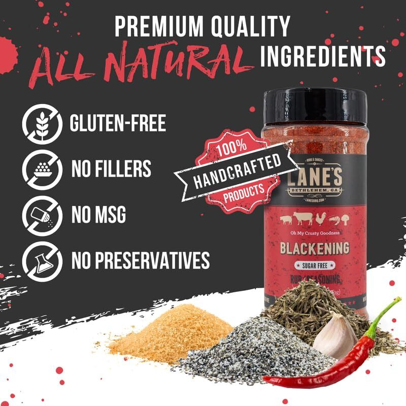 Lane's Blackening Seasoning For Fish, Handcrafted Blackened Fish Seasoning And Rubs For Chicken, Beef, Seafood & Steak, Cajun Blackening Seasoning Flavor, Gluten-Free, No-Msg, Made In The Usa, 10.2 Oz
