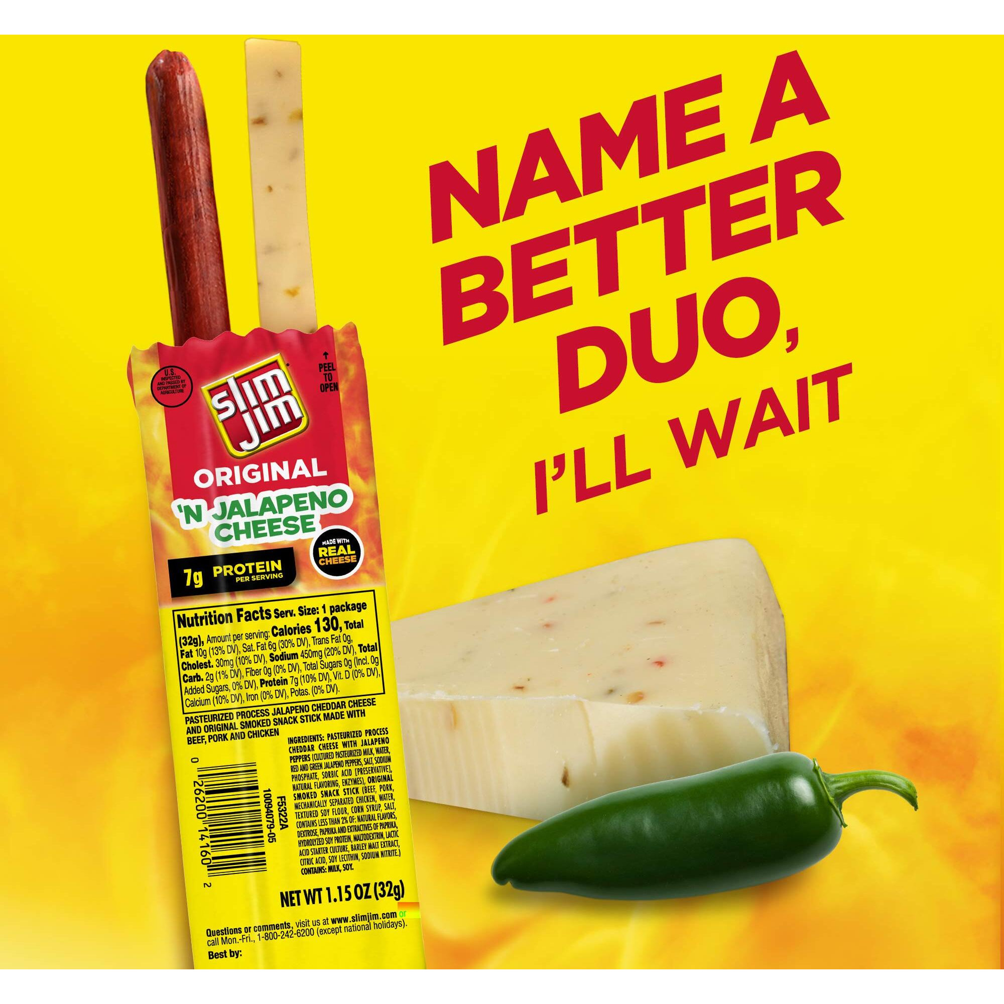 Slim Jim Original Beef Snack Stick 'N Jalapeno Cheese, 1.5 Oz