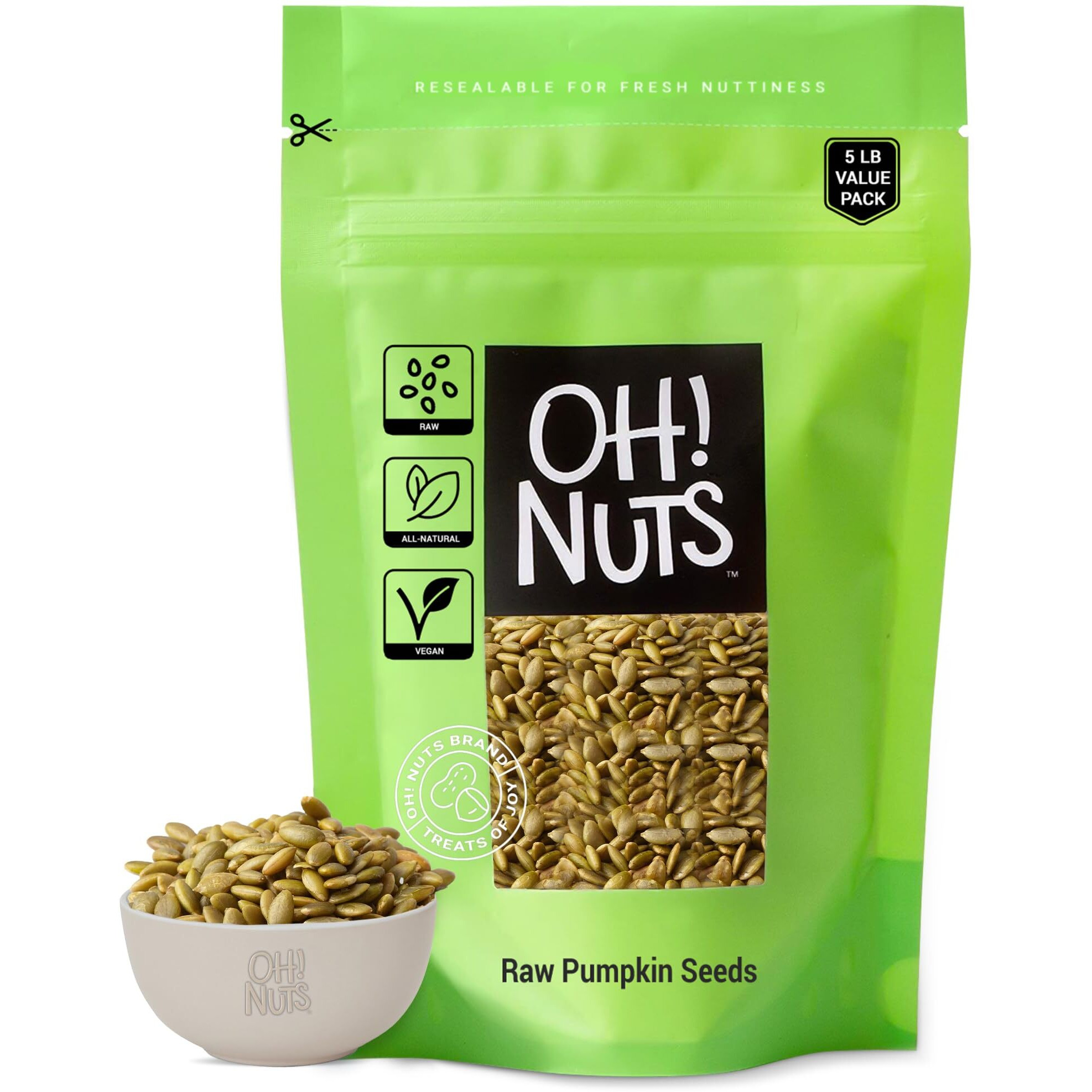 Pumpkin Seeds | Raw - 100% Natural | 5 Lb | Unshelled Pepitas Raw | Packed In New York Zip-Seal Bag For Exceptional Freshness By Oh Nuts