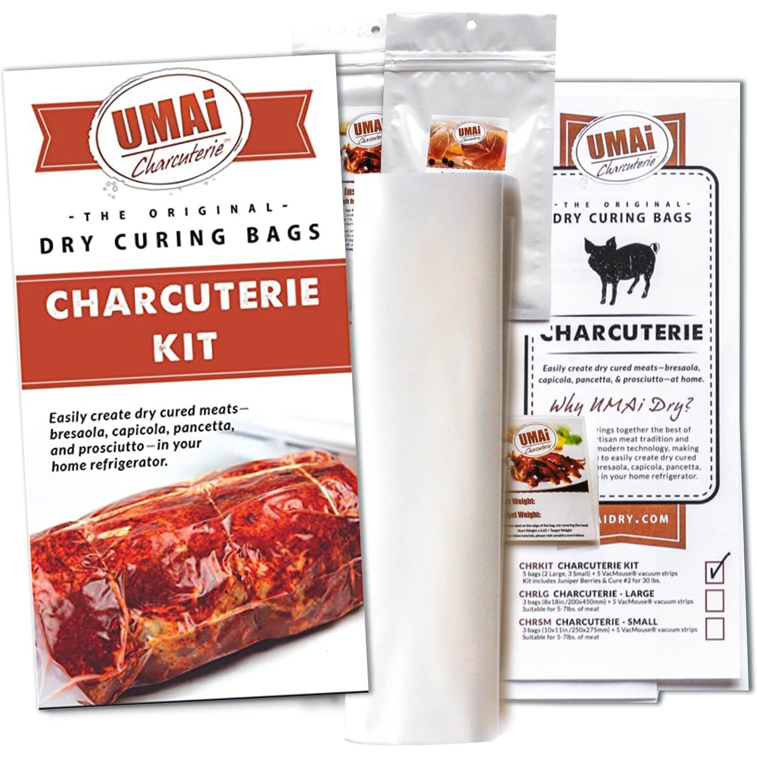 Umai Dry Charcuterie Kit - Dry Curing Meat Kit Incl. 3 Large & 2 Small Dry Age Bags For Meat, Instacure 2 & Juniper Berries, Create Gourmet Charcuterie Boards In Your Refrigerator Over 1 To 6 Months