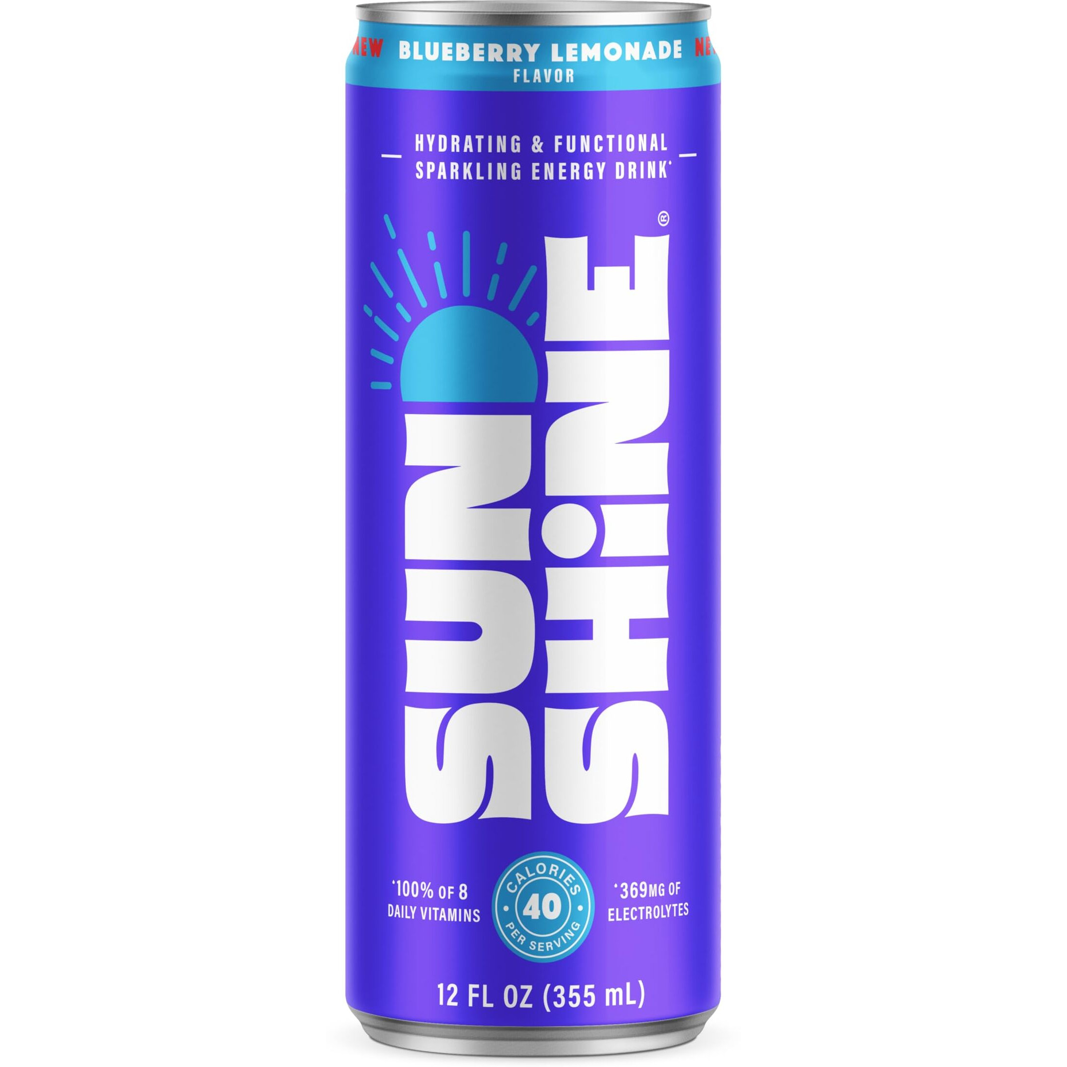 Sunshine Sparkling Energy Drink, Blueberry Lemonade With Daily Essential Vitamins, 360Mg Of Electrolytes, 70Mg Of Natural Caffeine, 12 Fl Oz (Pack Of 12)