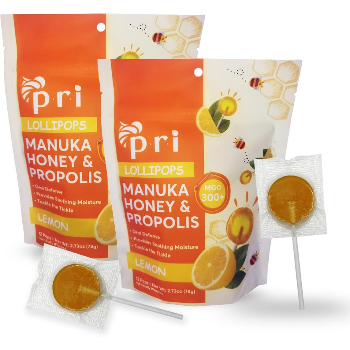 Pri Manuka Honey Lollipops With Propolis, Certified Mgo 300+ - Throat Soothing, Lemon Flavor, (24 Lollipops, 5.46Oz)