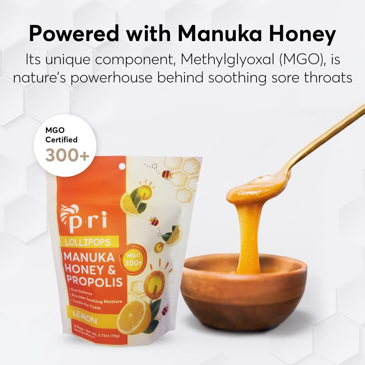 Pri Manuka Honey Lollipops With Propolis, Certified Mgo 300+ - Throat Soothing, Lemon Flavor, (24 Lollipops, 5.46Oz)