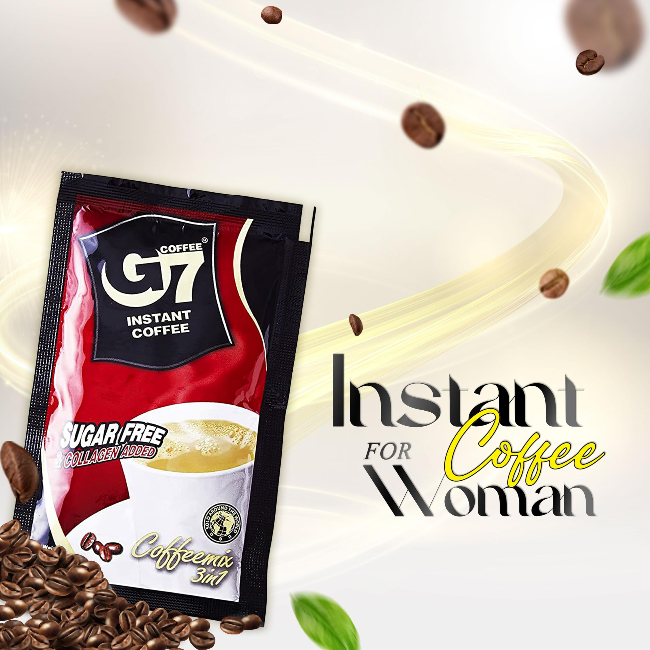 Trung Nguyen G7 3-In-1 Collagen Added & Sugar Free Instant Coffee For Energy Boost - Collagen Added, Low Caffein & Diet Sugar - Strong And Pure Vietnamese Instant Coffee (22 Sachets/Bag)