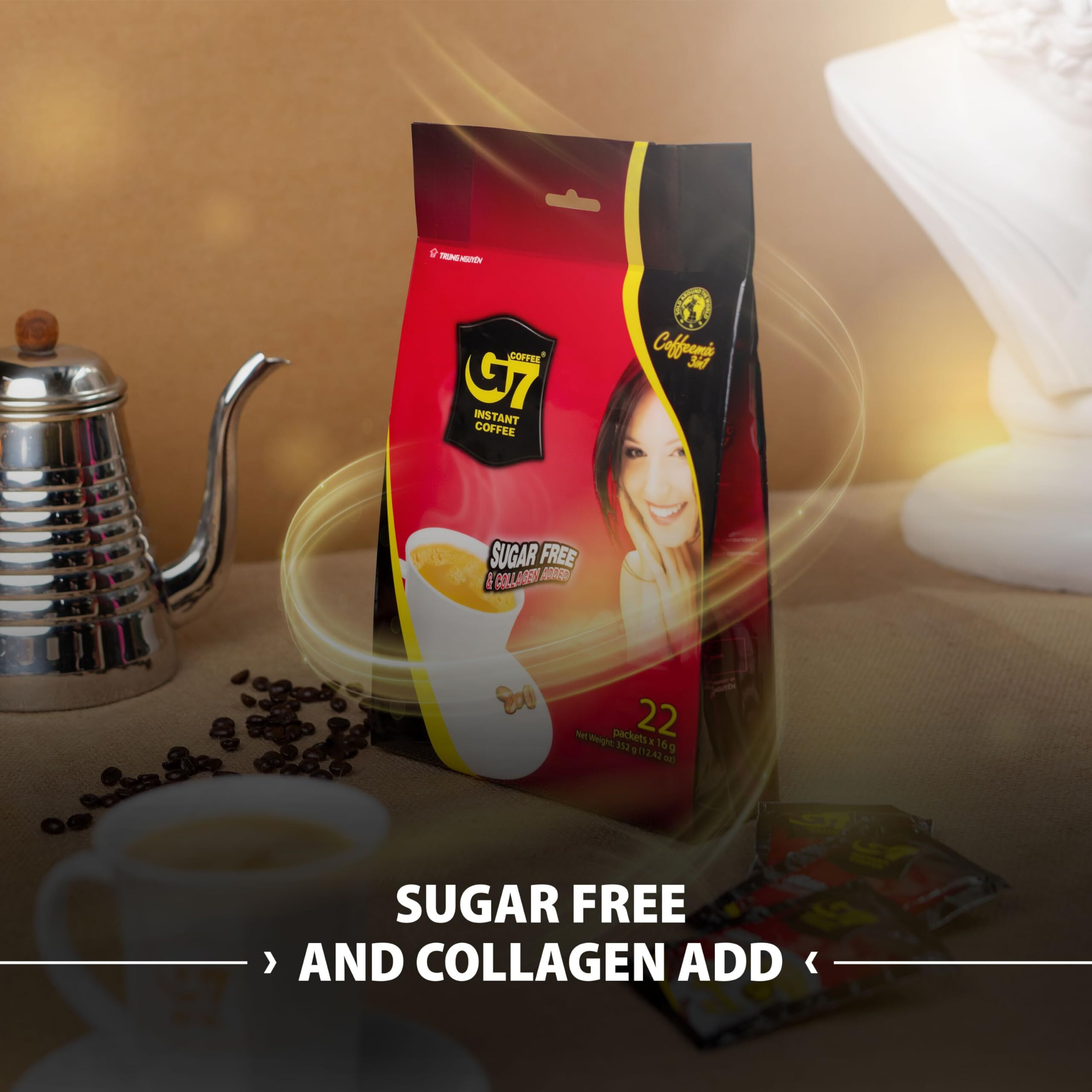 Trung Nguyen G7 3-In-1 Collagen Added & Sugar Free Instant Coffee For Energy Boost - Collagen Added, Low Caffein & Diet Sugar - Strong And Pure Vietnamese Instant Coffee (22 Sachets/Bag)