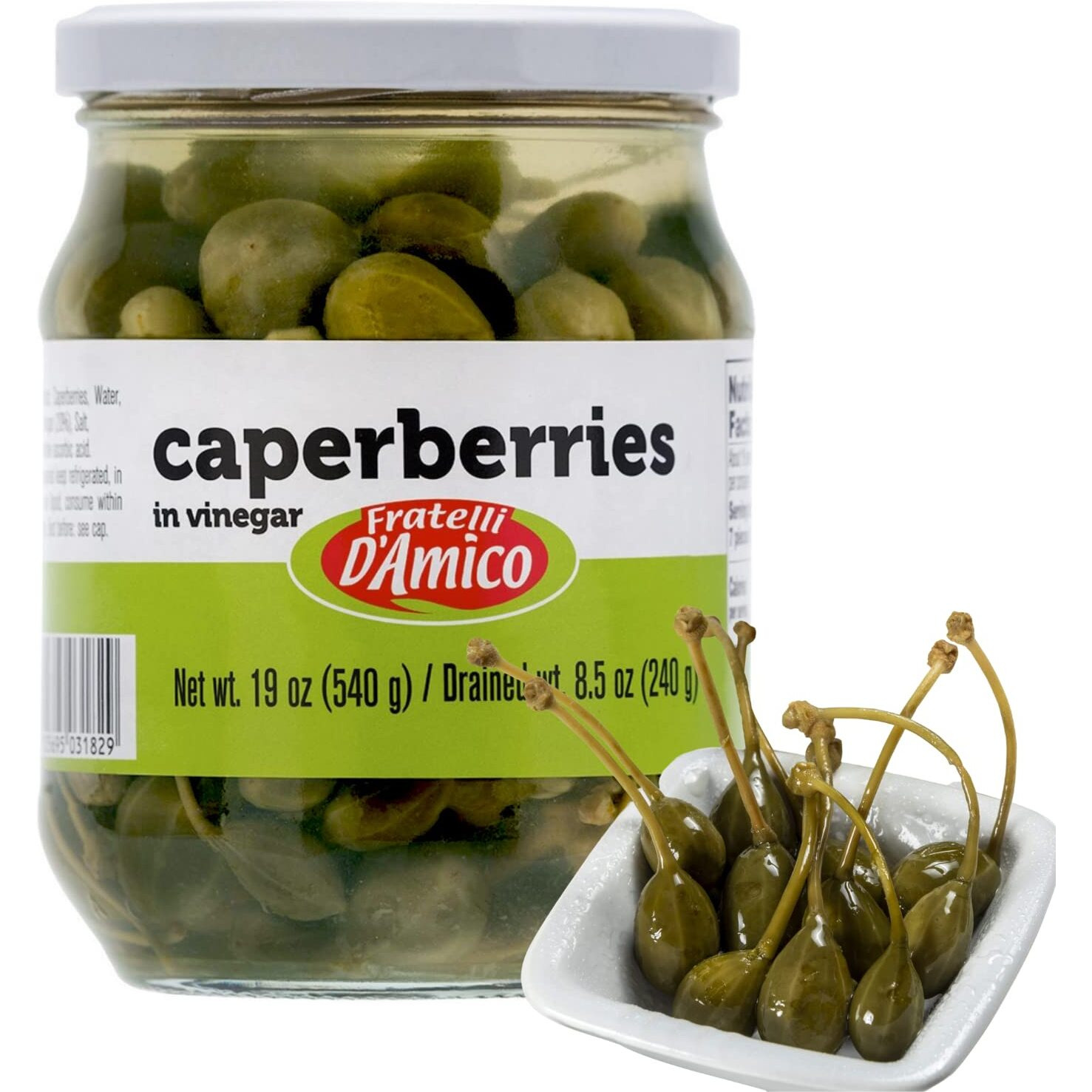 Caperberries, Premium Qulaity, First Selection, Pickled, Capers, Family Size, 19Oz (540G), Non-Gmo, Fratelli D'Amico, Product Of Italy.