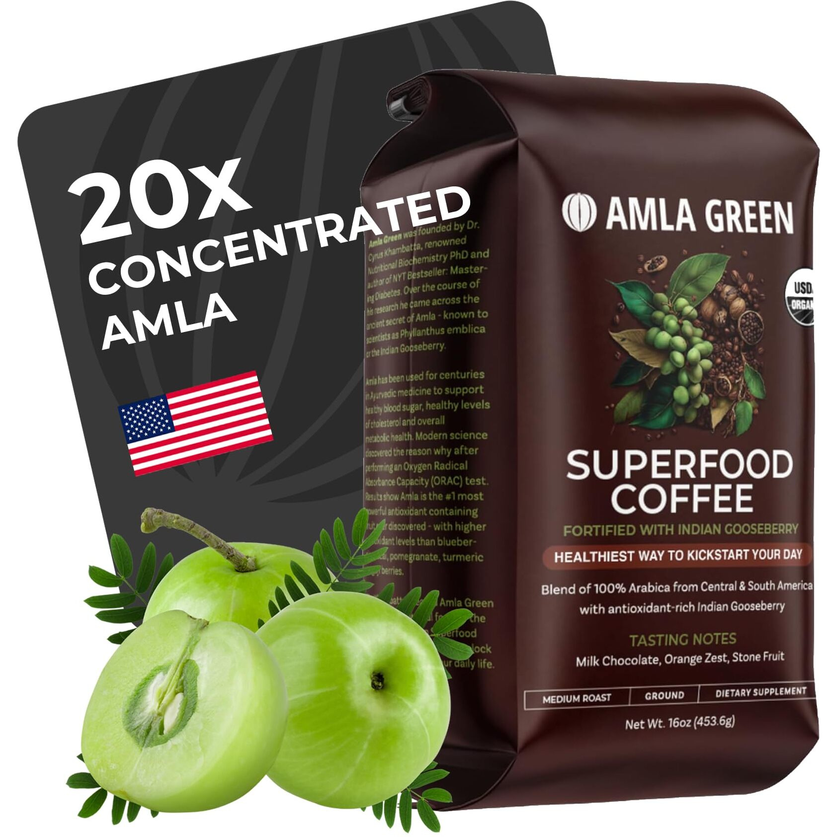 Amla Green Organic Ground Superfood Coffee, Medium Roast Gourmet Coffee With Antioxidant Rich Indian Gooseberry, 100% Arabica Specialty Coffee, 16 Oz