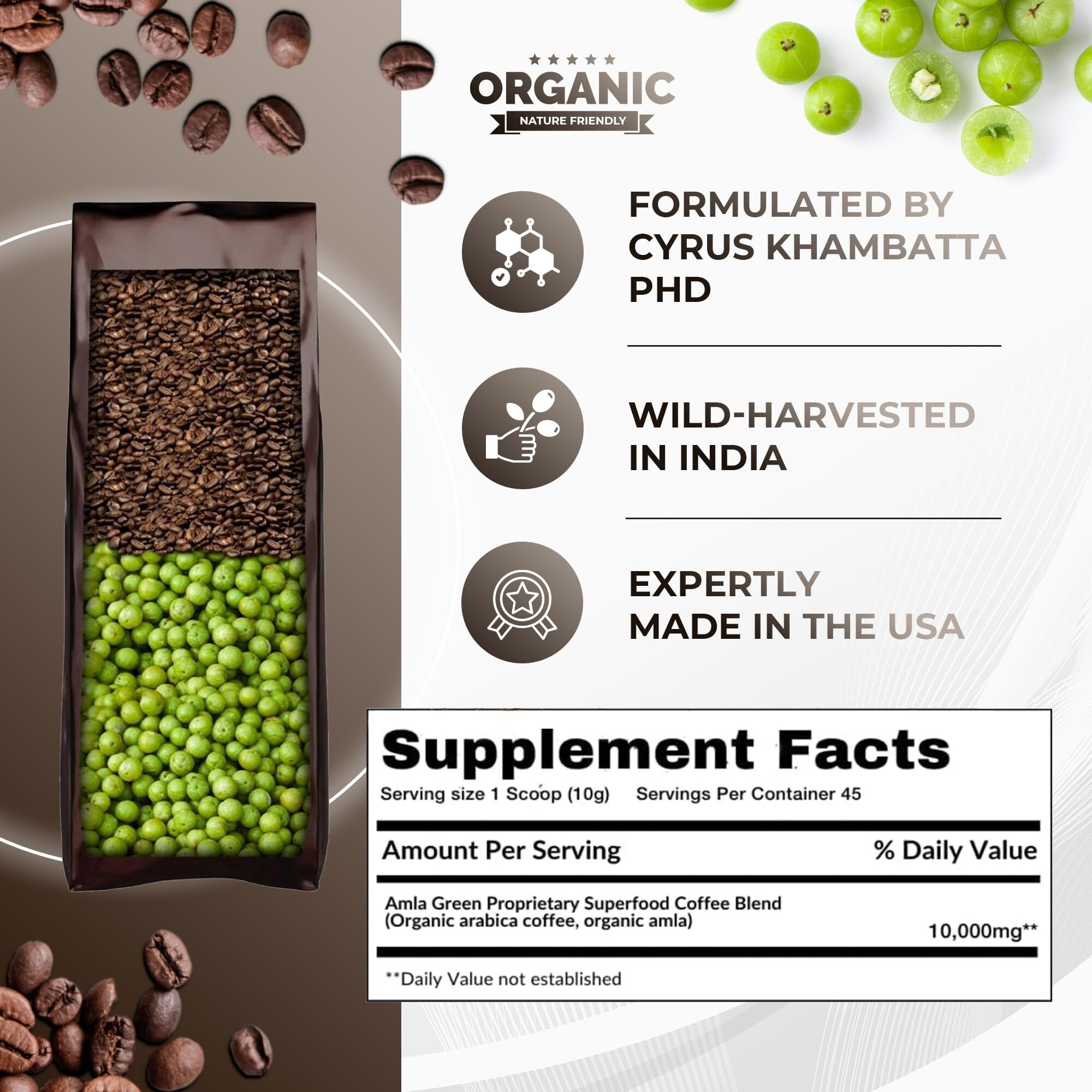 Amla Green Organic Ground Superfood Coffee, Medium Roast Gourmet Coffee With Antioxidant Rich Indian Gooseberry, 100% Arabica Specialty Coffee, 16 Oz