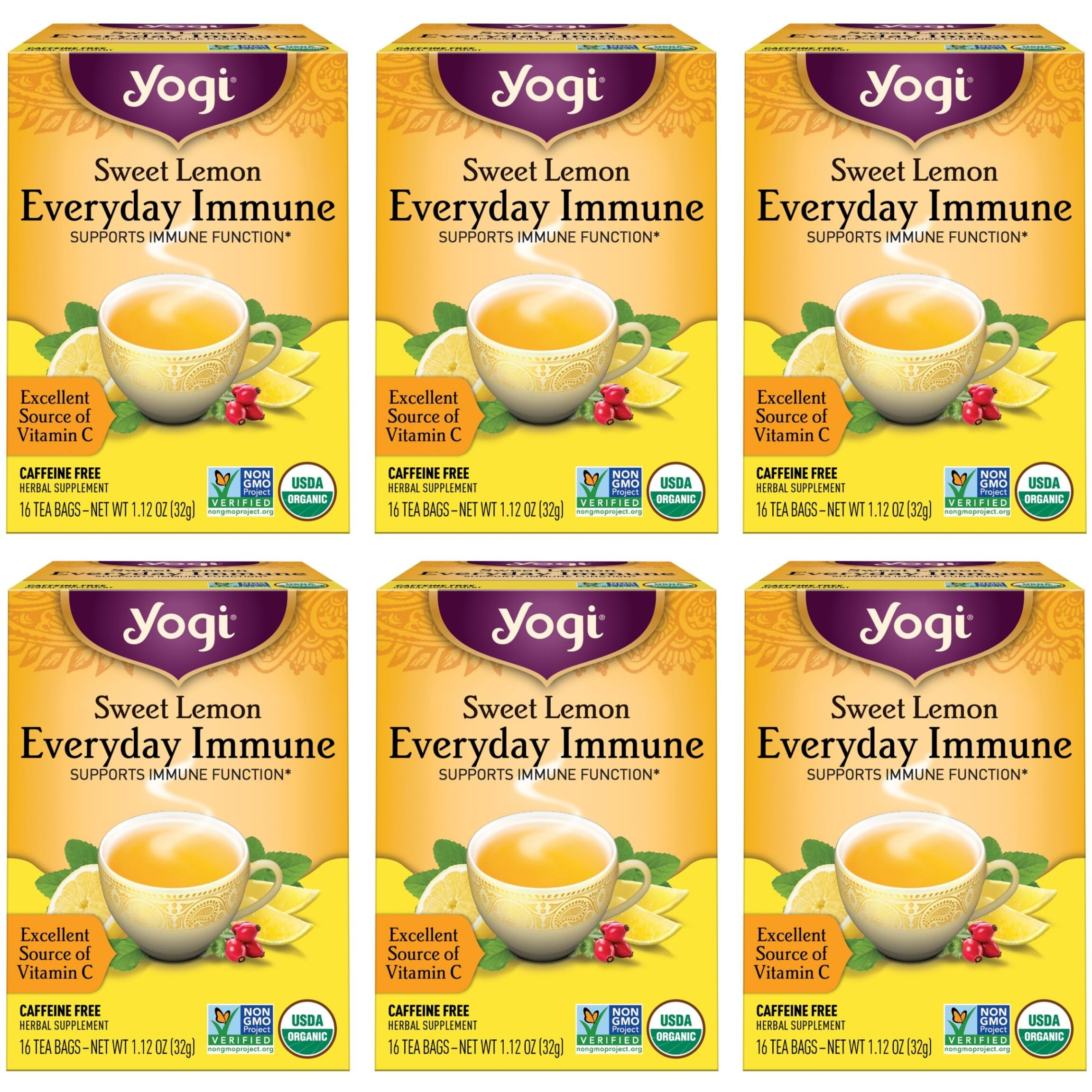 Yogi Tea Sweet Lemon Everyday Immune Tea - 16 Tea Bags Per Pack (6 Packs) - Daily Immune Support Tea - Delicious Lemon Tea Bags - Includes Tulsi, Lemongrass, Rose Hip, Lemon Peel & More