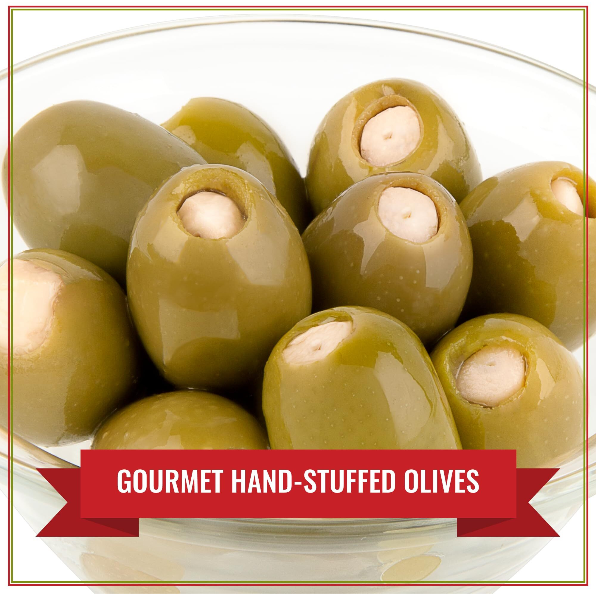 Santa Barbara Gourmet Garlic Stuffed Olives - Meaty Green Olives With Crunchy Garlic - Perfect For Cocktails Or Straight From The Jar - 2-Pack, 10 Oz Each