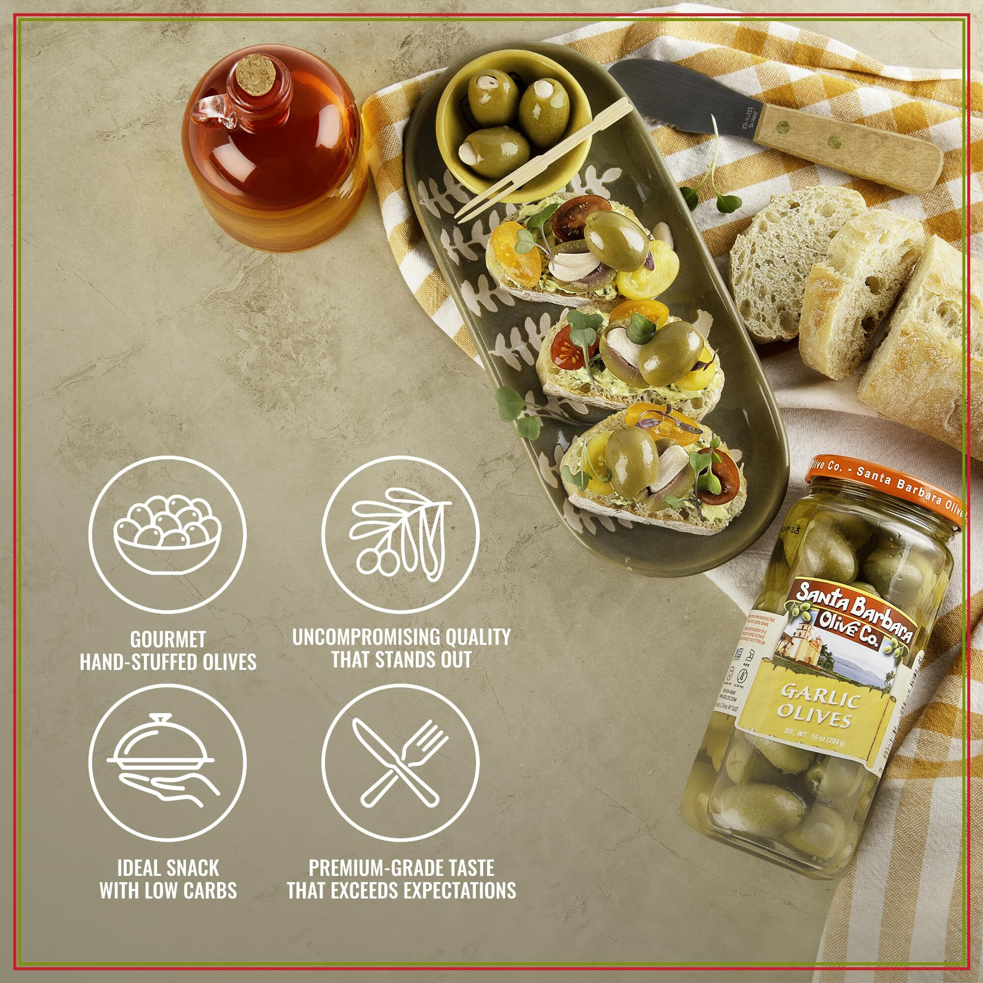 Santa Barbara Gourmet Garlic Stuffed Olives - Meaty Green Olives With Crunchy Garlic - Perfect For Cocktails Or Straight From The Jar - 2-Pack, 10 Oz Each