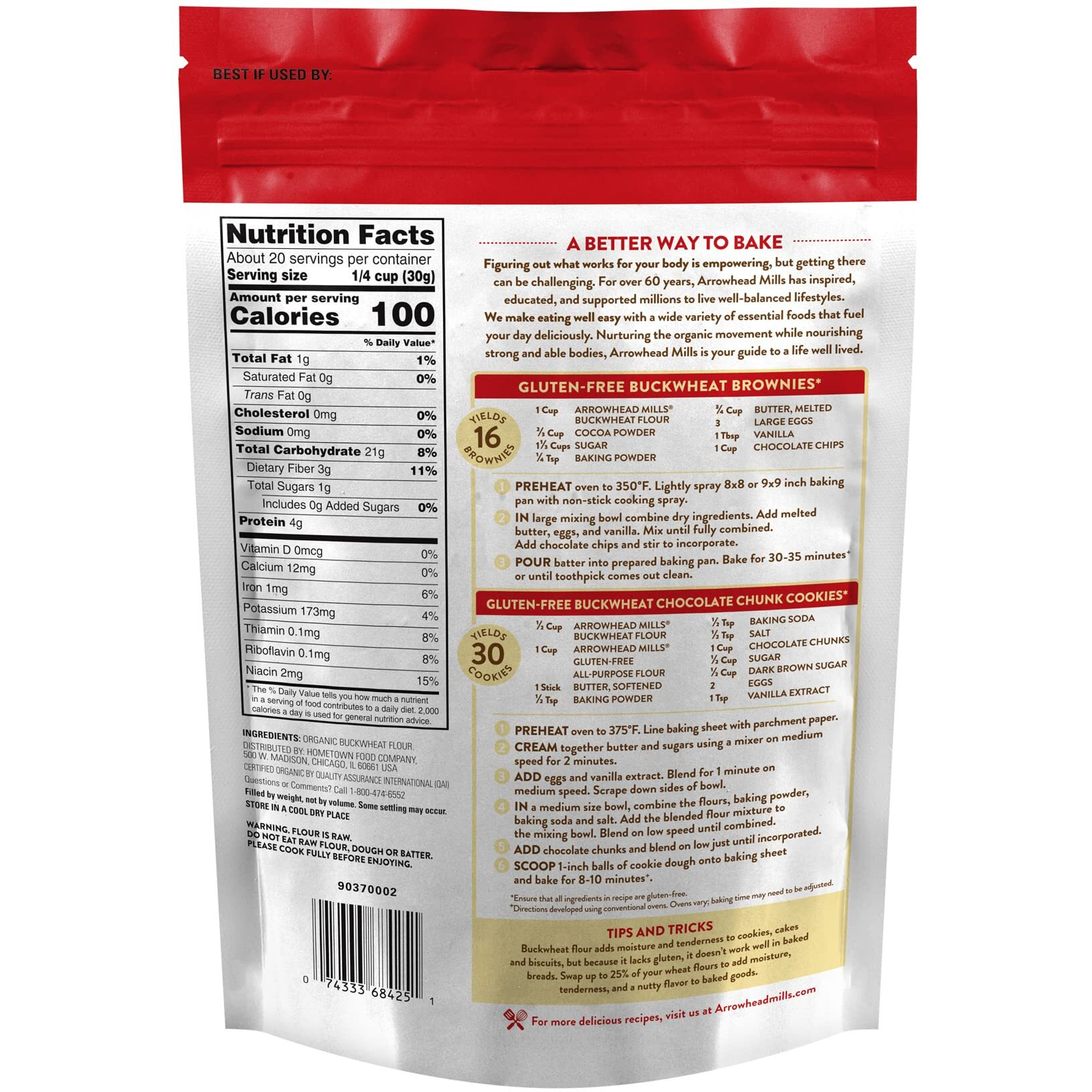 Arrowhead Mills Organic Buckwheat Flour Bag, Gluten Free, 1.37 Pound (Pack Of 6)