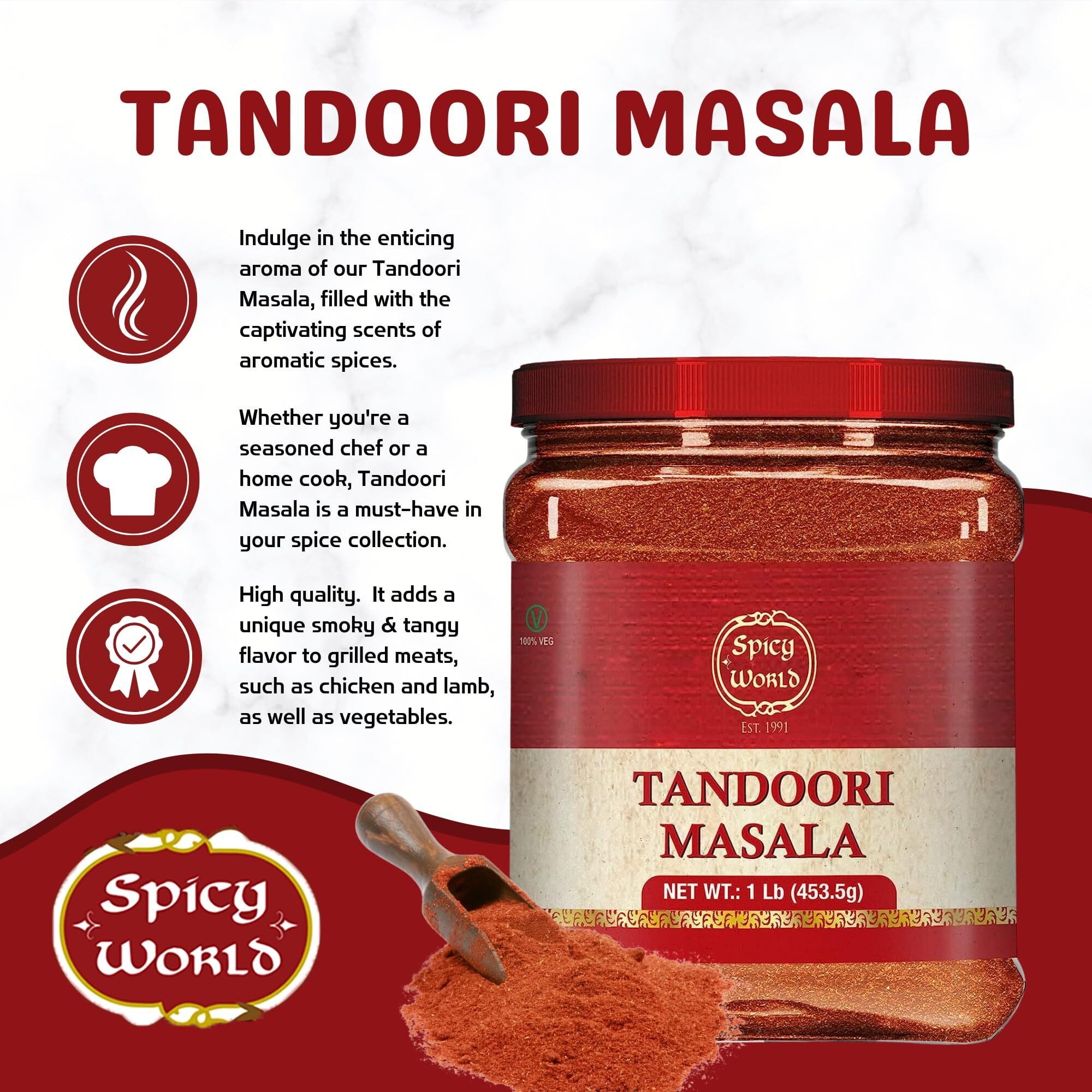 Spicy World Tandoori Masala 1 Lb Jar Pack (Bulk Spice) - 16 Ounce - Seasoning - Natural, No Colors Added - Tikka Masala -