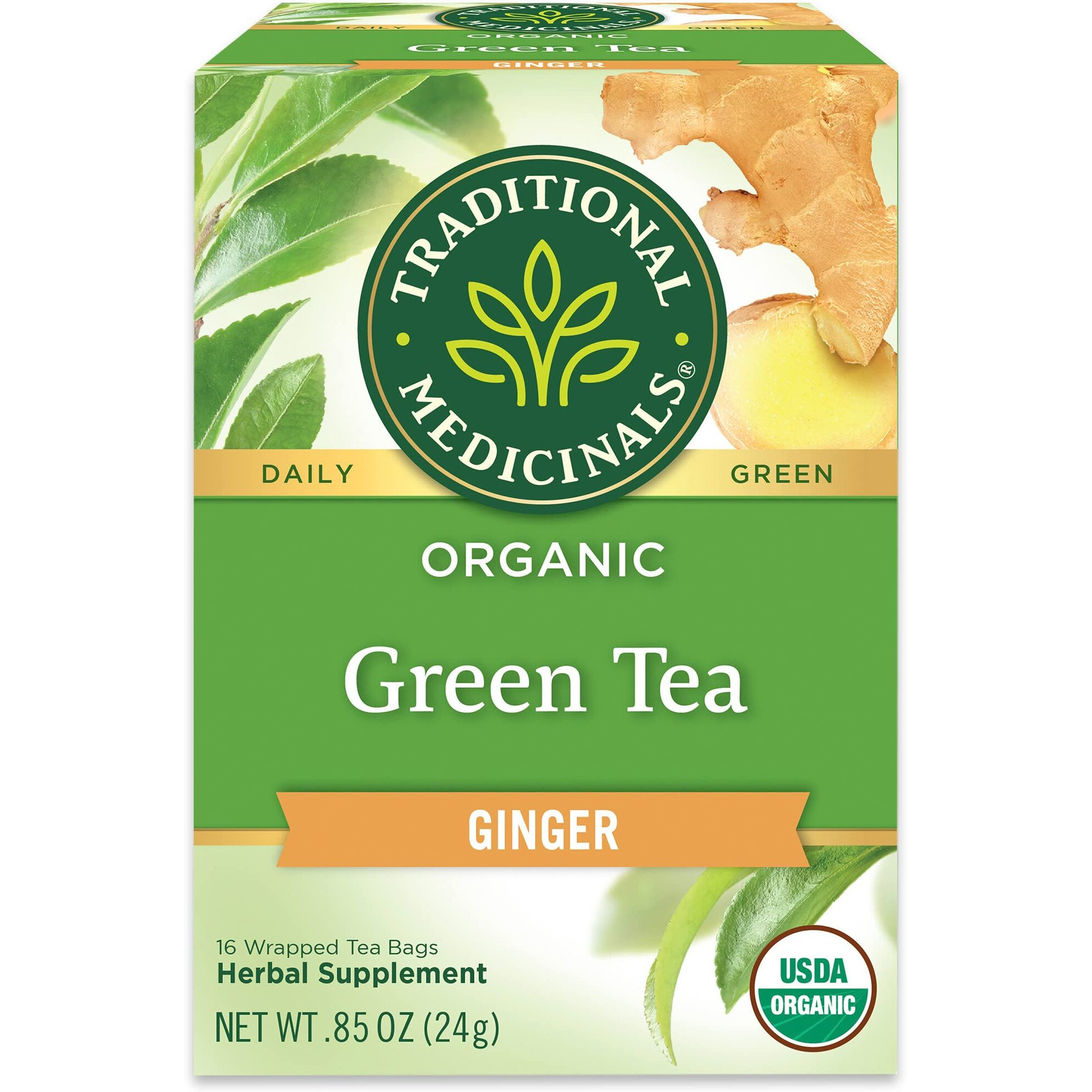 Traditional Medicinals Organic Green Tea Ginger Herbal Tea, Promotes Healthy Digestion, (Pack Of 1) - 16 Tea Bags