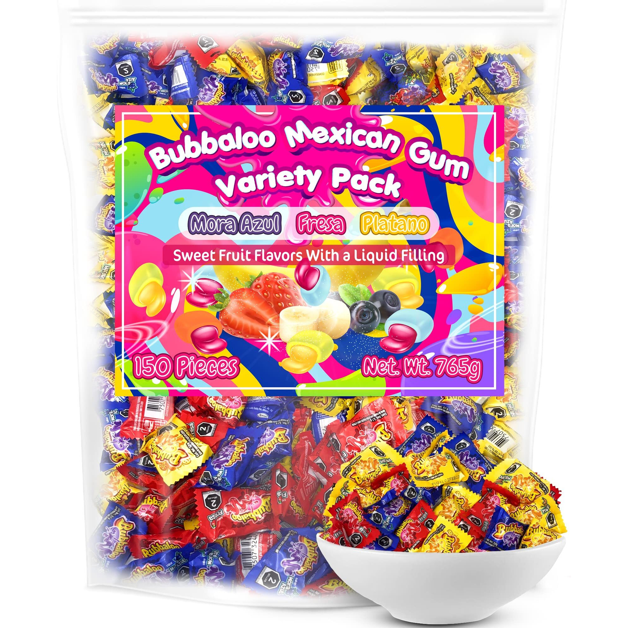 Bubbaloo Mexican Bubble Gum Variety Pack, 150 Pcs. Authentic Bubblegum Fruit Flavors, Banana, Strawberry, And Blueberry, By Don Turinos
