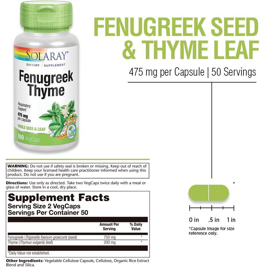 Solaray Fenugreek & Thyme 950 Mg | Healthy Respiration & Digestion Support | 50 Servings | 100 Vegcaps